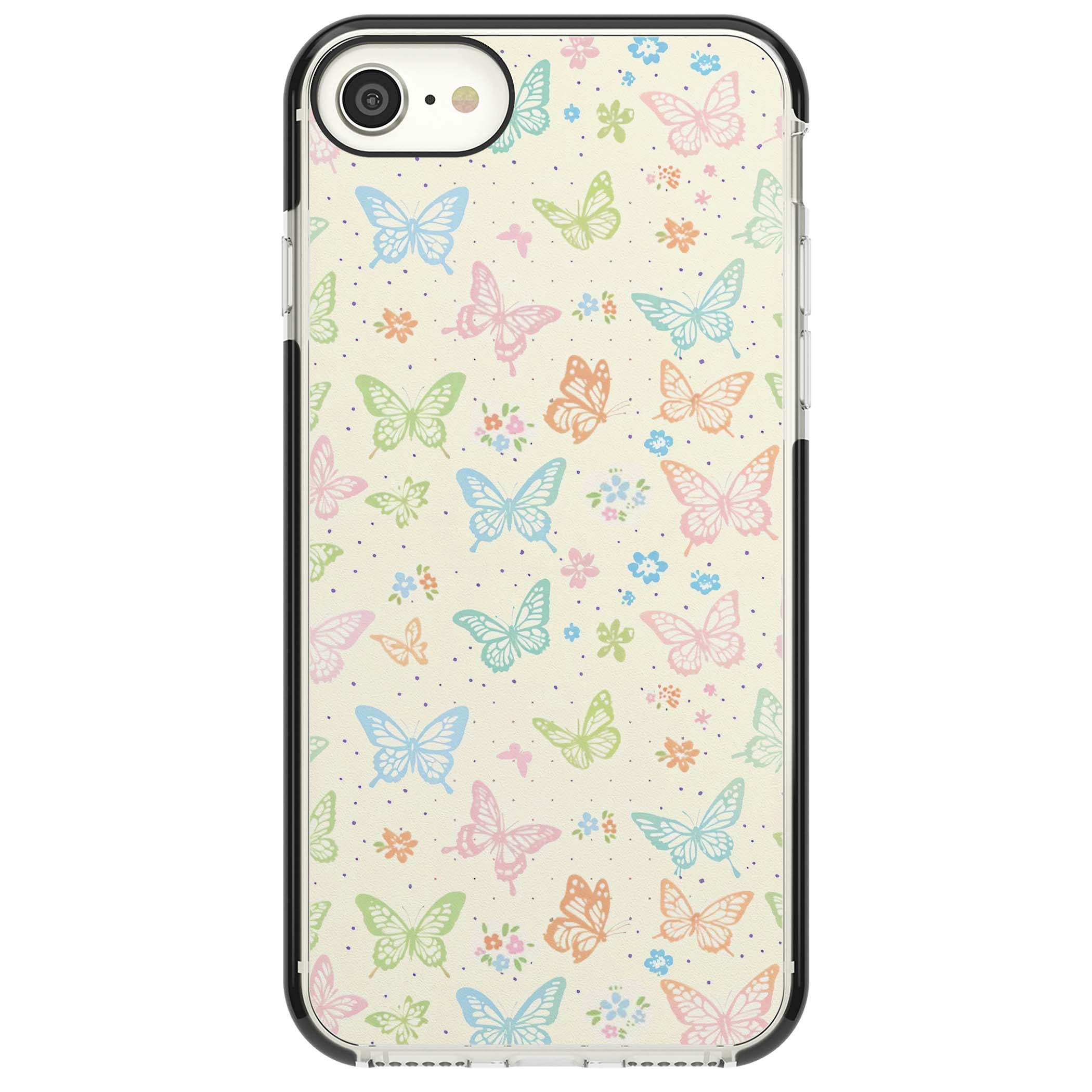 Sugar Wings cottagecore iPhone case featuring rainbow pastel butterflies, tiny wildflowers, and a cream background | Black Impact case for iPhone SE
