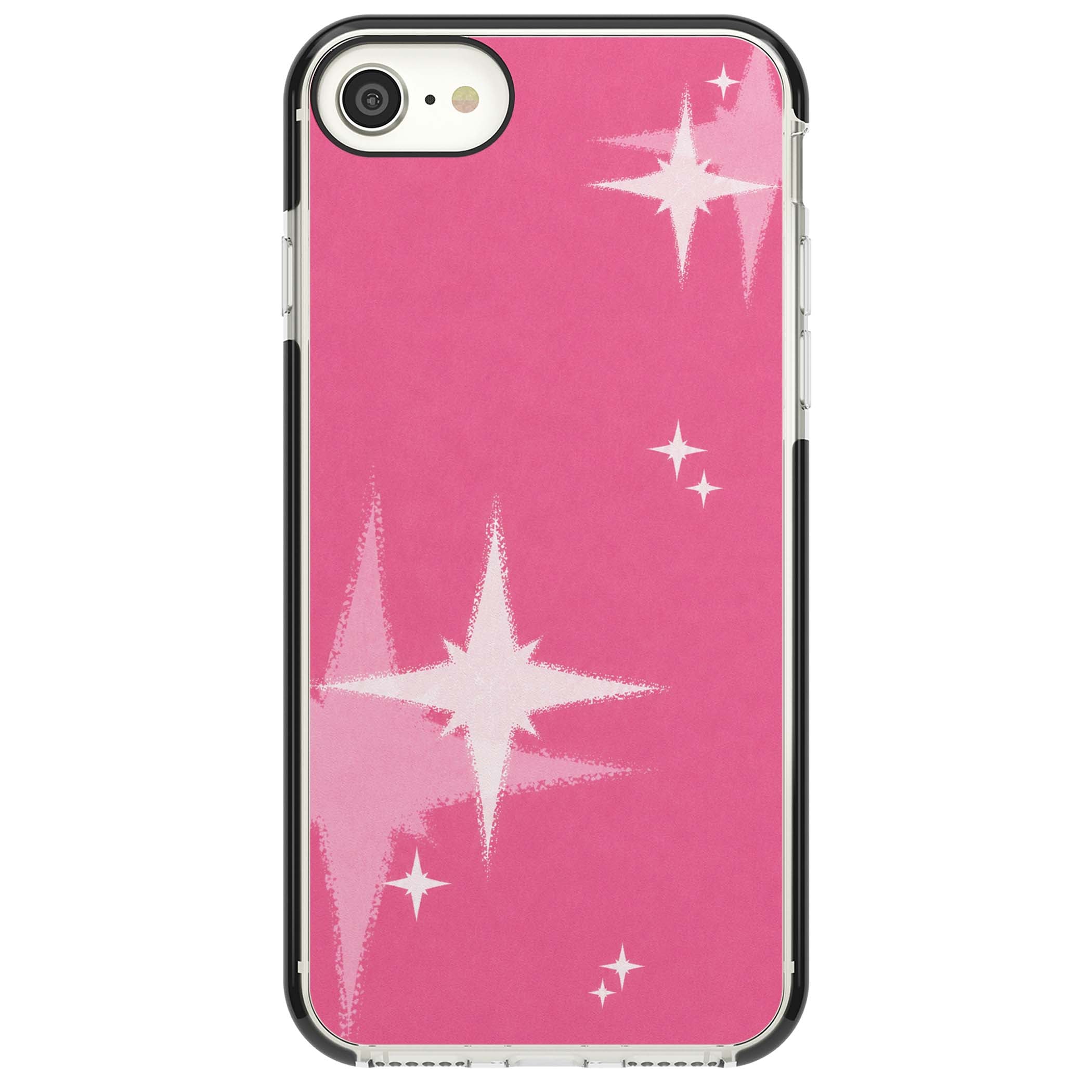 Pink Sparkle Y2K iPhone case featuring hot pink background with shimmering white starburst pattern | Black Impact case for iPhone SE