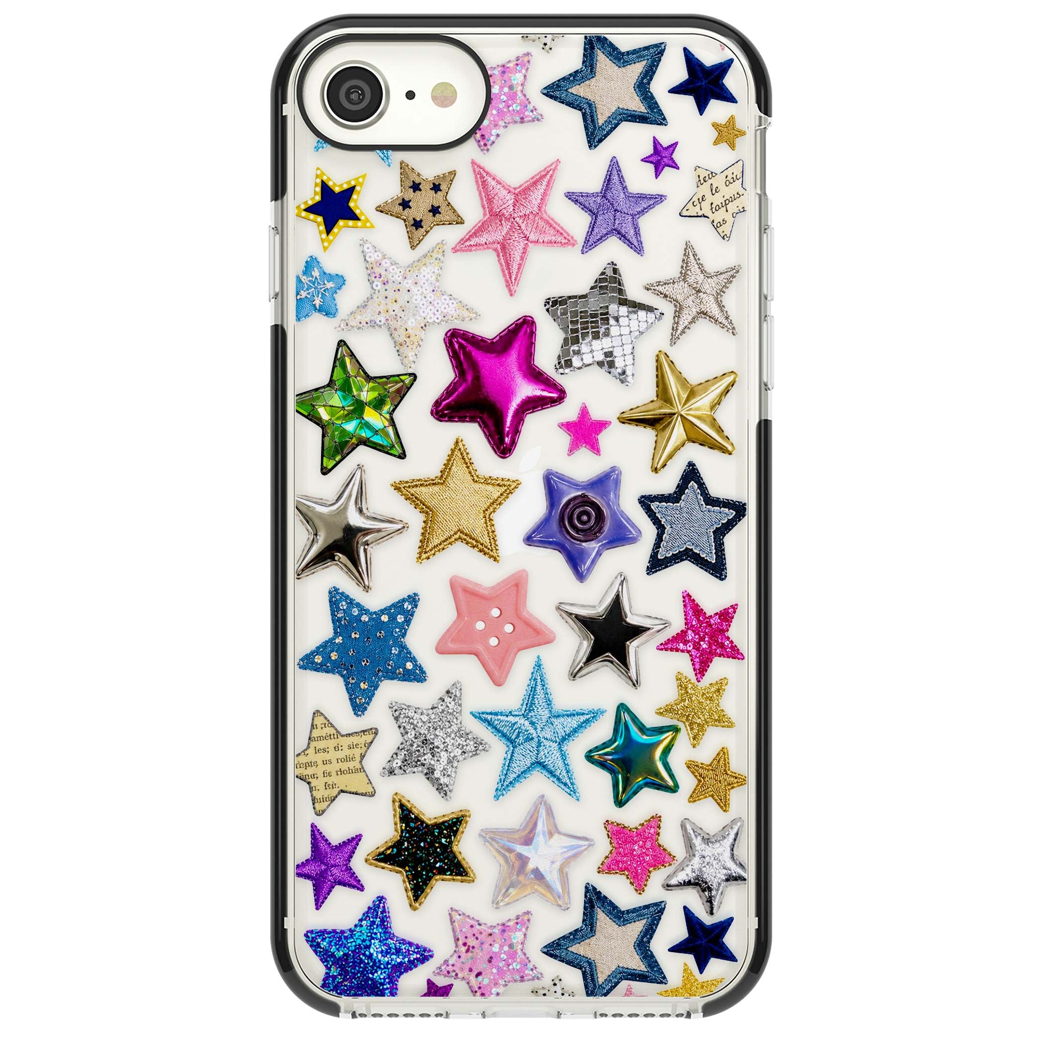 Crafty Star Mix Y2K iPhone case featuring embroidered, sequinned and glitter star patches in rainbow colours | Black Impact case for iPhone SE