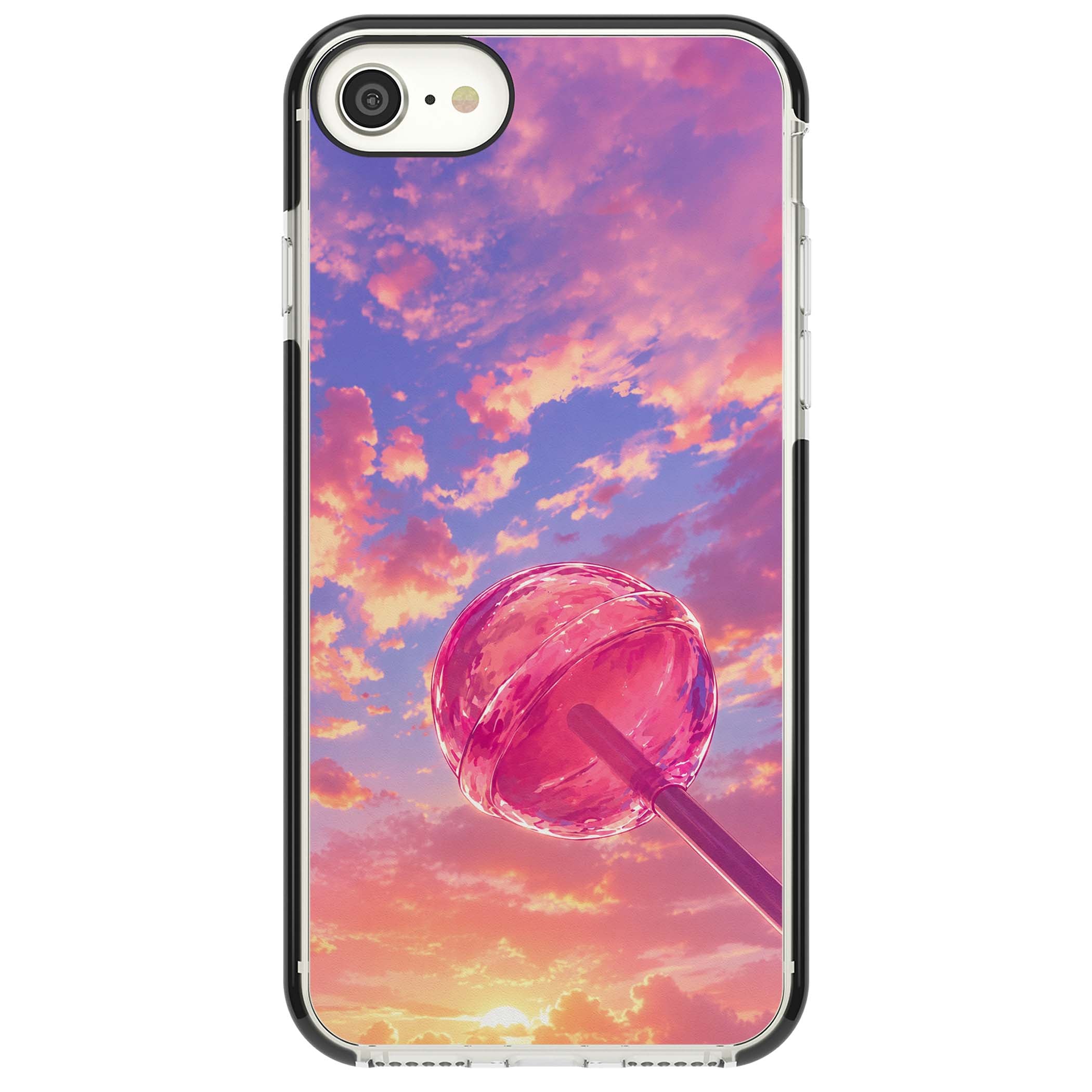 Sugar Sunset candy aesthetic iPhone case featuring a pink lollipop, pastel sunset sky and dreamy clouds | Black Impact case for iPhone SE