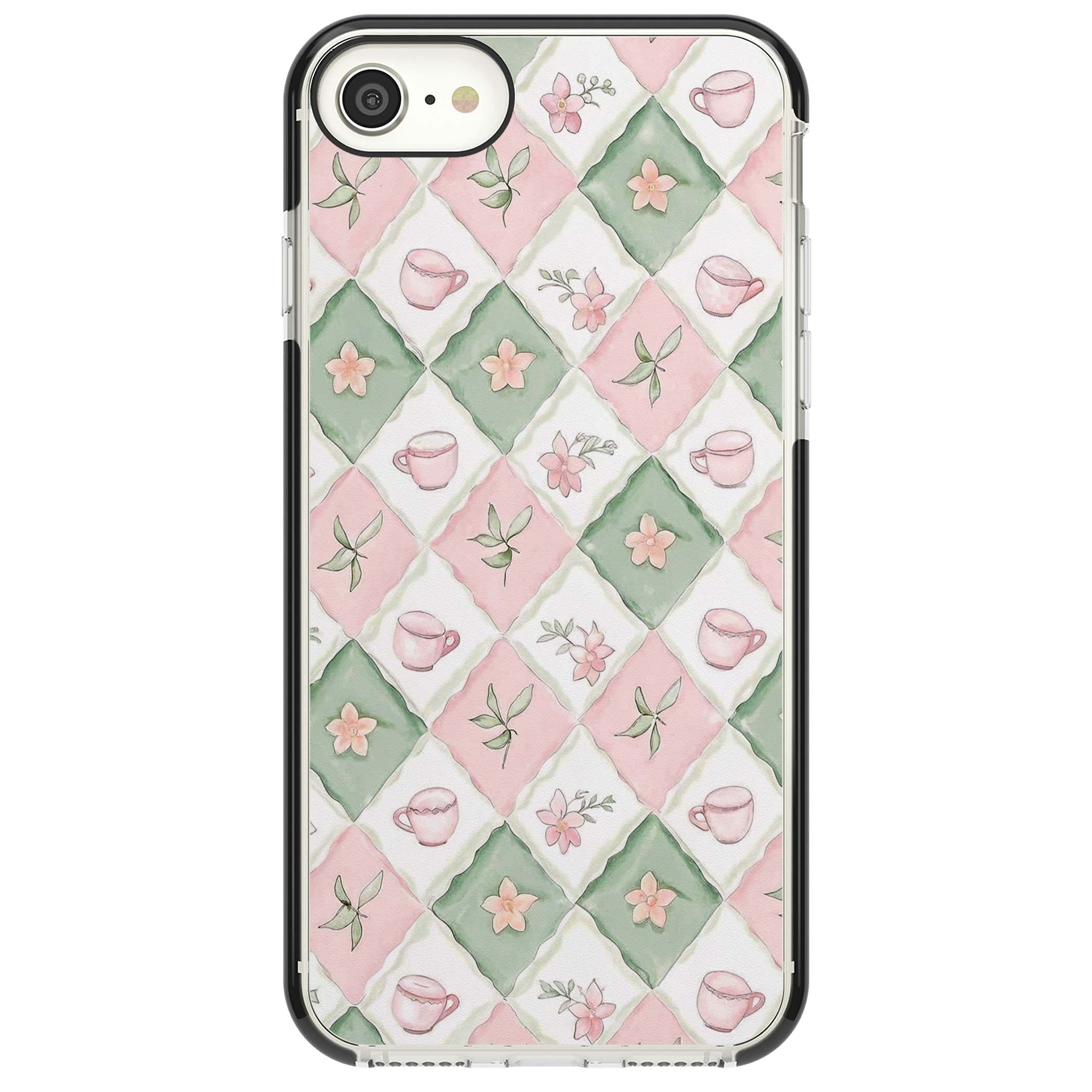 Garden Tea Party coquette iPhone case with pink and green checkered pattern, watercolour teacups and wildflowers | Black Impact case for iPhone SE