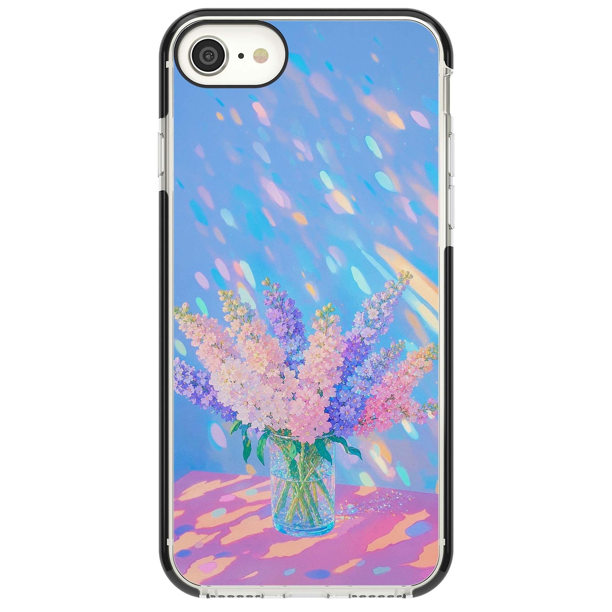 Bubblegum Flowers floral iPhone case featuring pastel lilac and pink bouquet in a glass vase with iridescent light | Black Impact case for iPhone SE