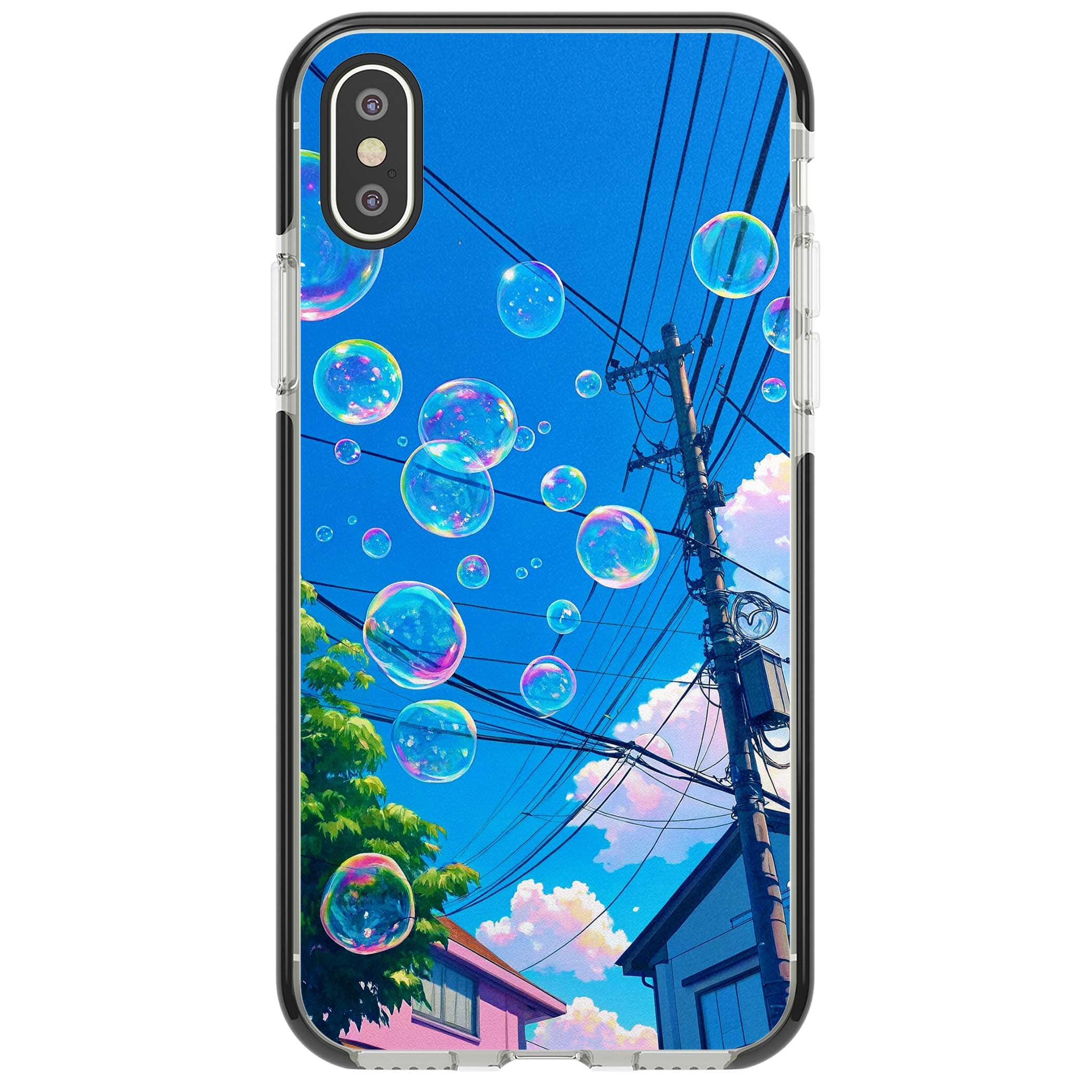 Suburban Bubbles anime iPhone case featuring iridescent soap bubbles, blue sky and Japanese telephone wires | Black Impact case for iPhone X, iPhone XS Max, iPhone XR