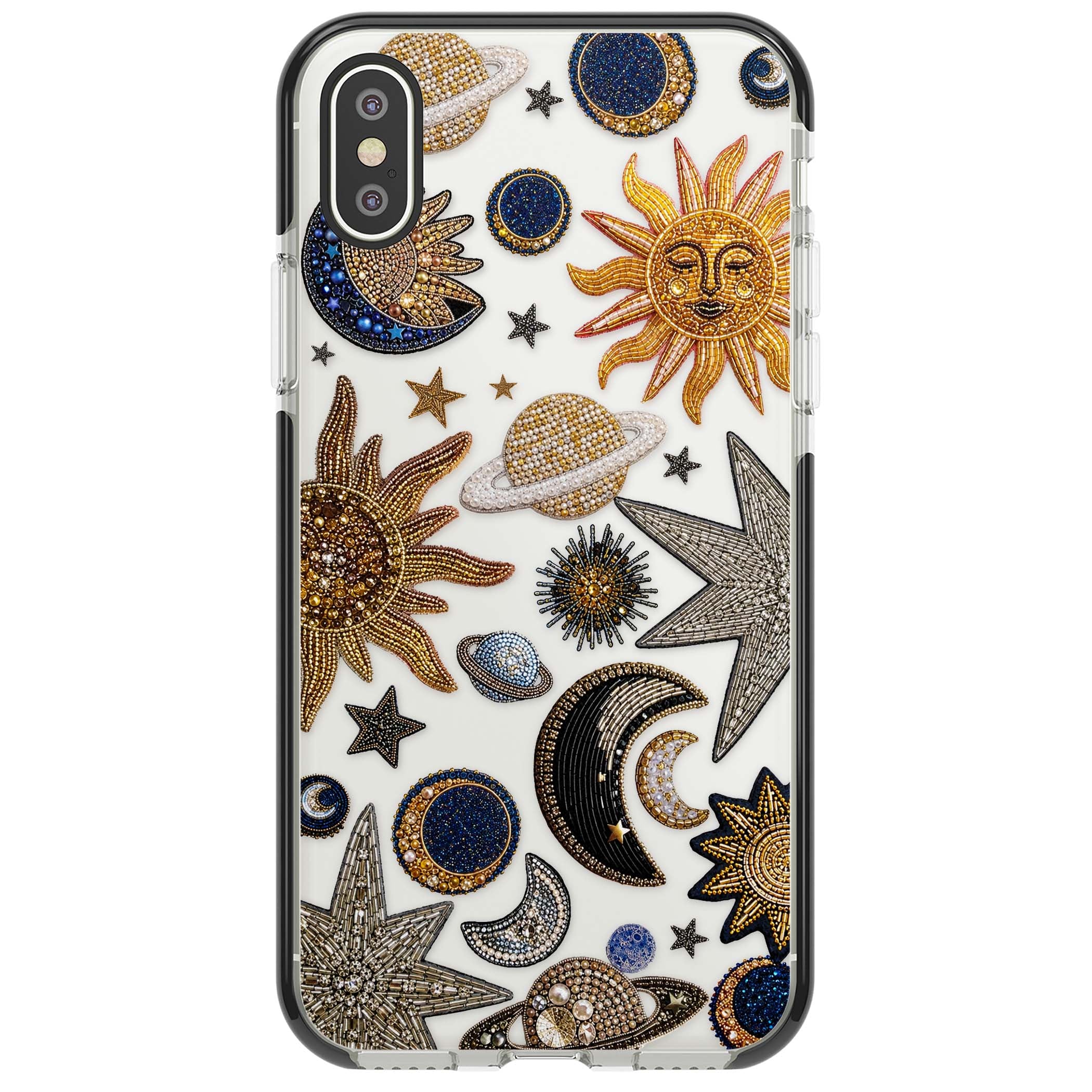 Beaded Cosmos celestial iPhone case featuring embroidered golden suns, beaded planets and silver shooting stars | Black Impact case for iPhone X, iPhone XS Max, iPhone XR