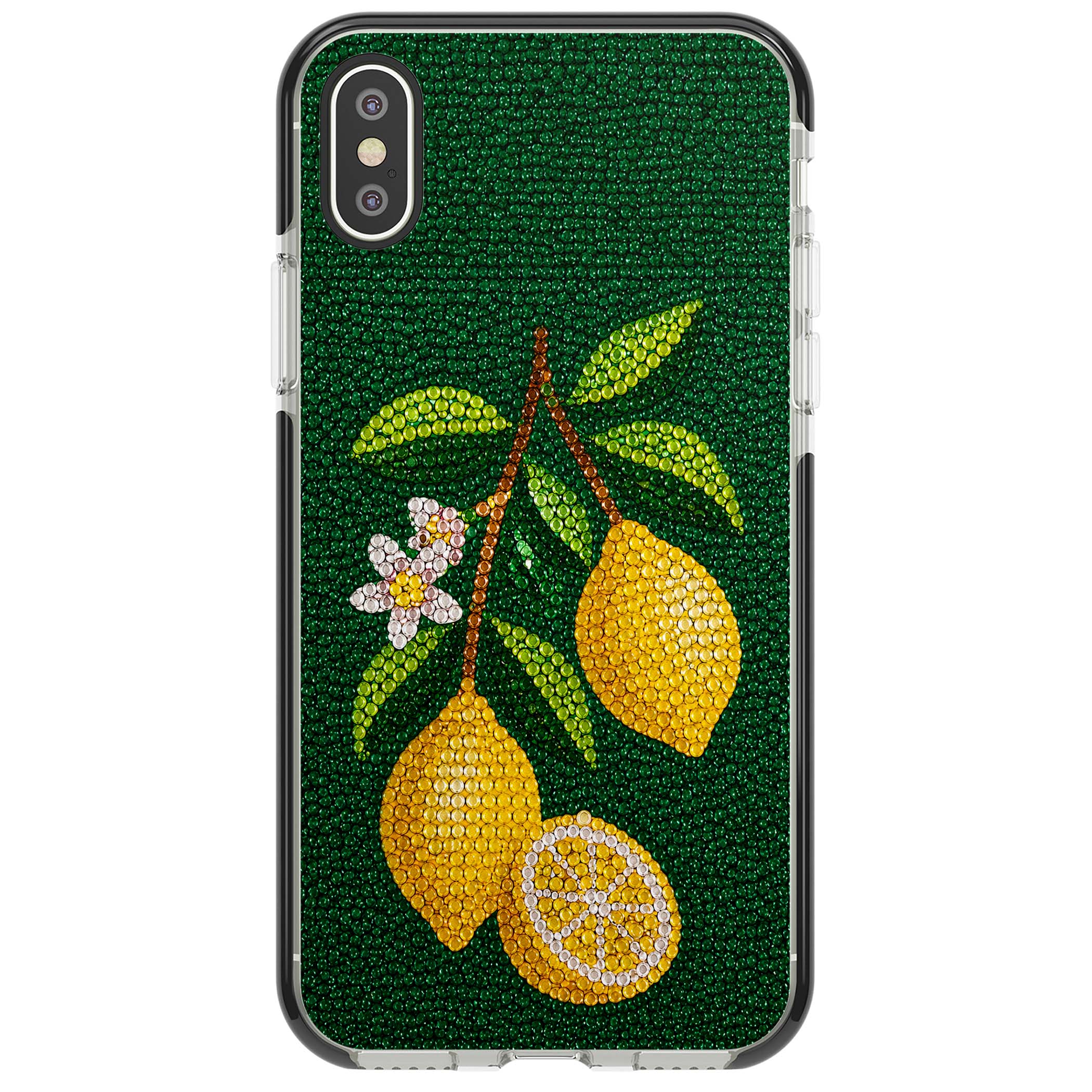 Beaded Lemons coastal iPhone case featuring crystal-beaded lemons, citrus blossom and green leaves on emerald ground | Black Impact case for iPhone X, iPhone XS Max, iPhone XR