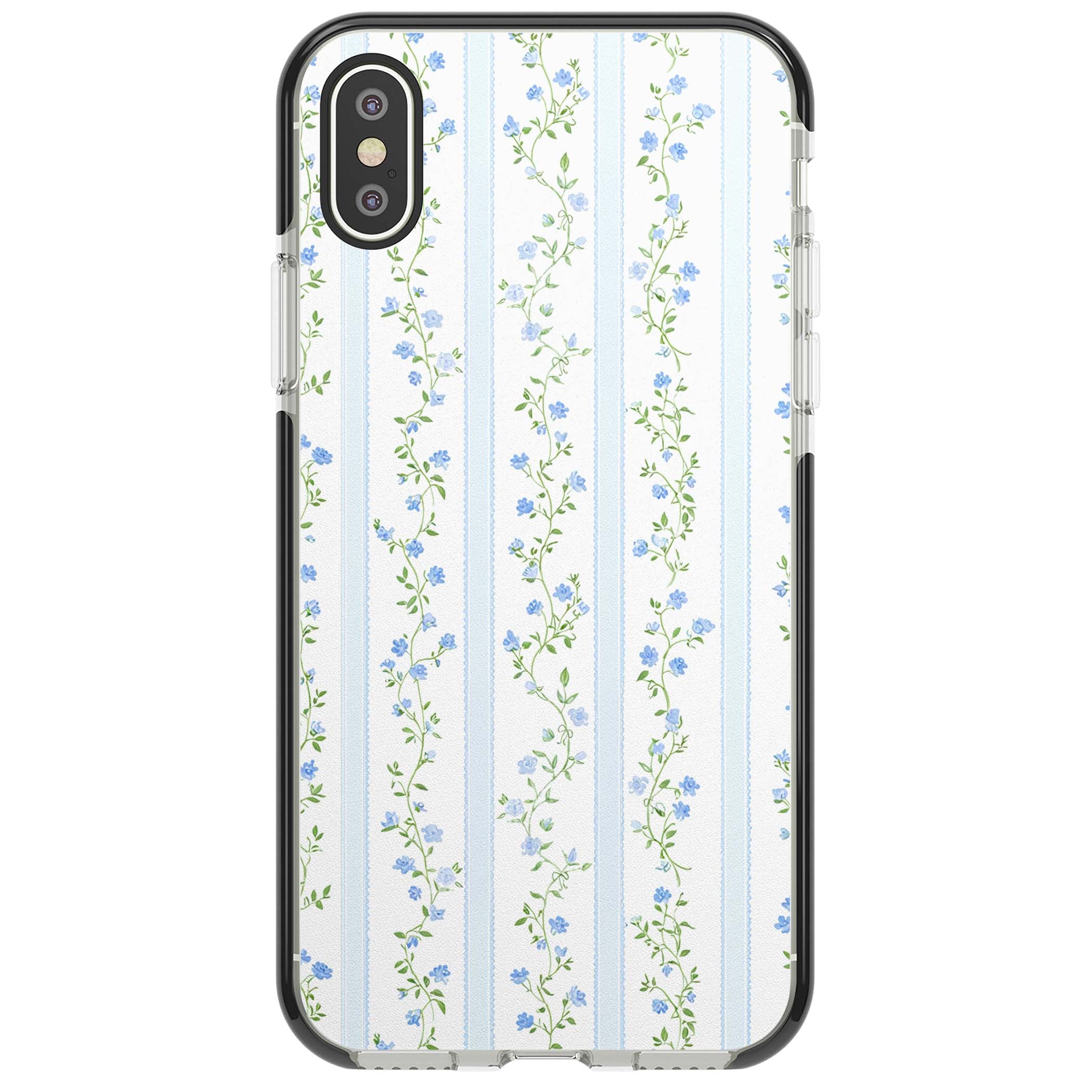 Bluebell Vine cottagecore iPhone case featuring climbing blue roses, trailing green vines, and pale ticking stripes | Black Impact case for iPhone X, iPhone XS Max, iPhone XR