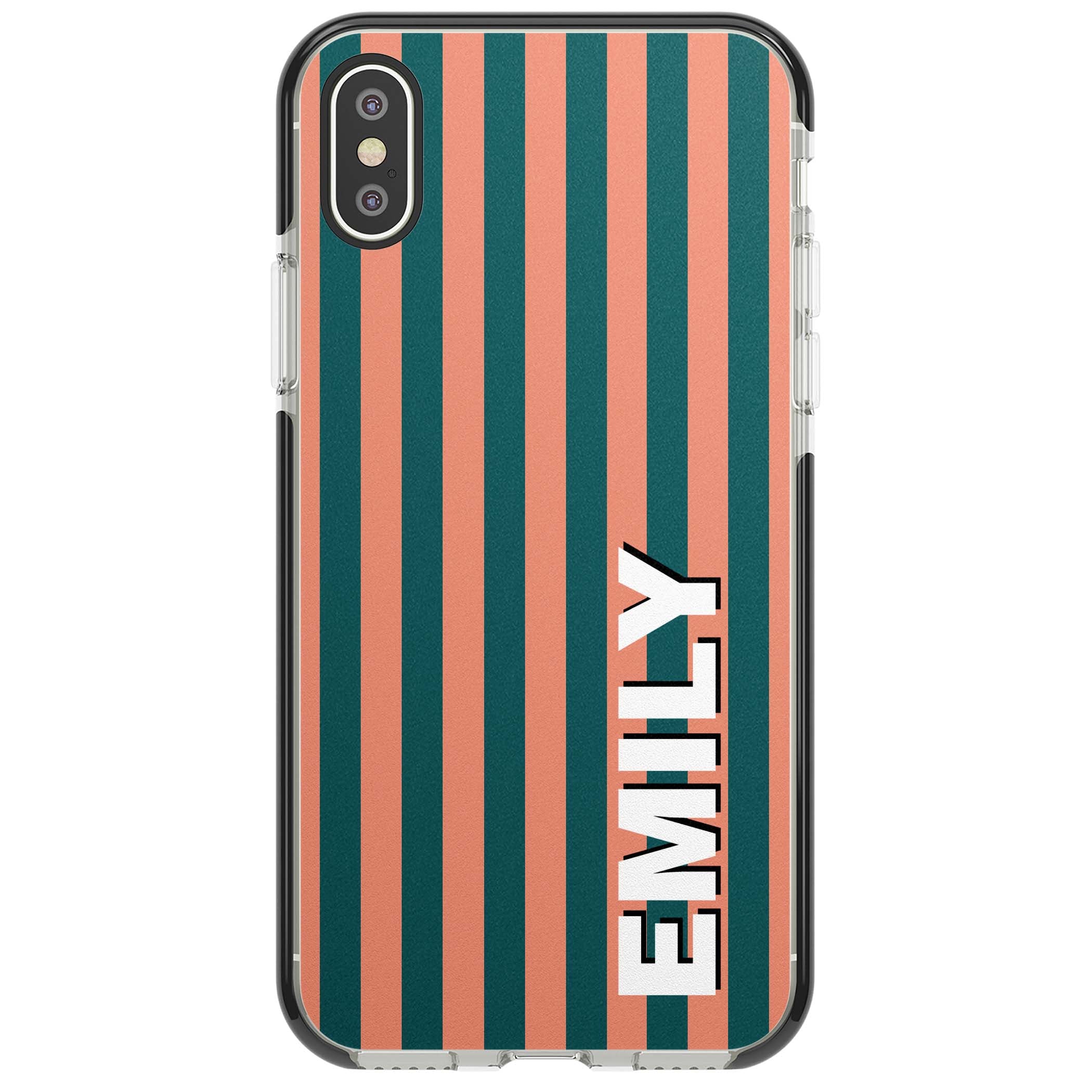 Tuscan Stripe personalised iPhone case featuring coral and green vertical stripes with bold custom name | Black Impact case for iPhone X, iPhone XS Max, iPhone XR