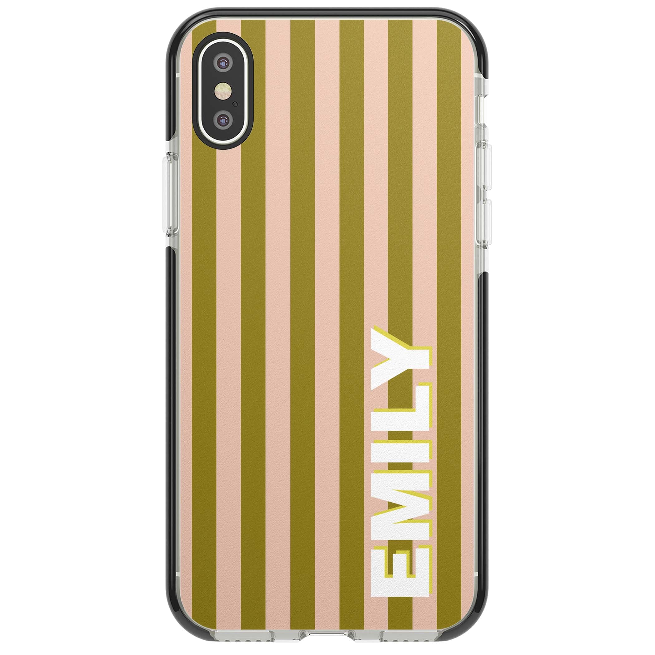 Indian Stripe personalised iPhone case featuring olive green and blush pink vertical stripes with custom name in whit | Black Impact case for iPhone X, iPhone XS Max, iPhone XR