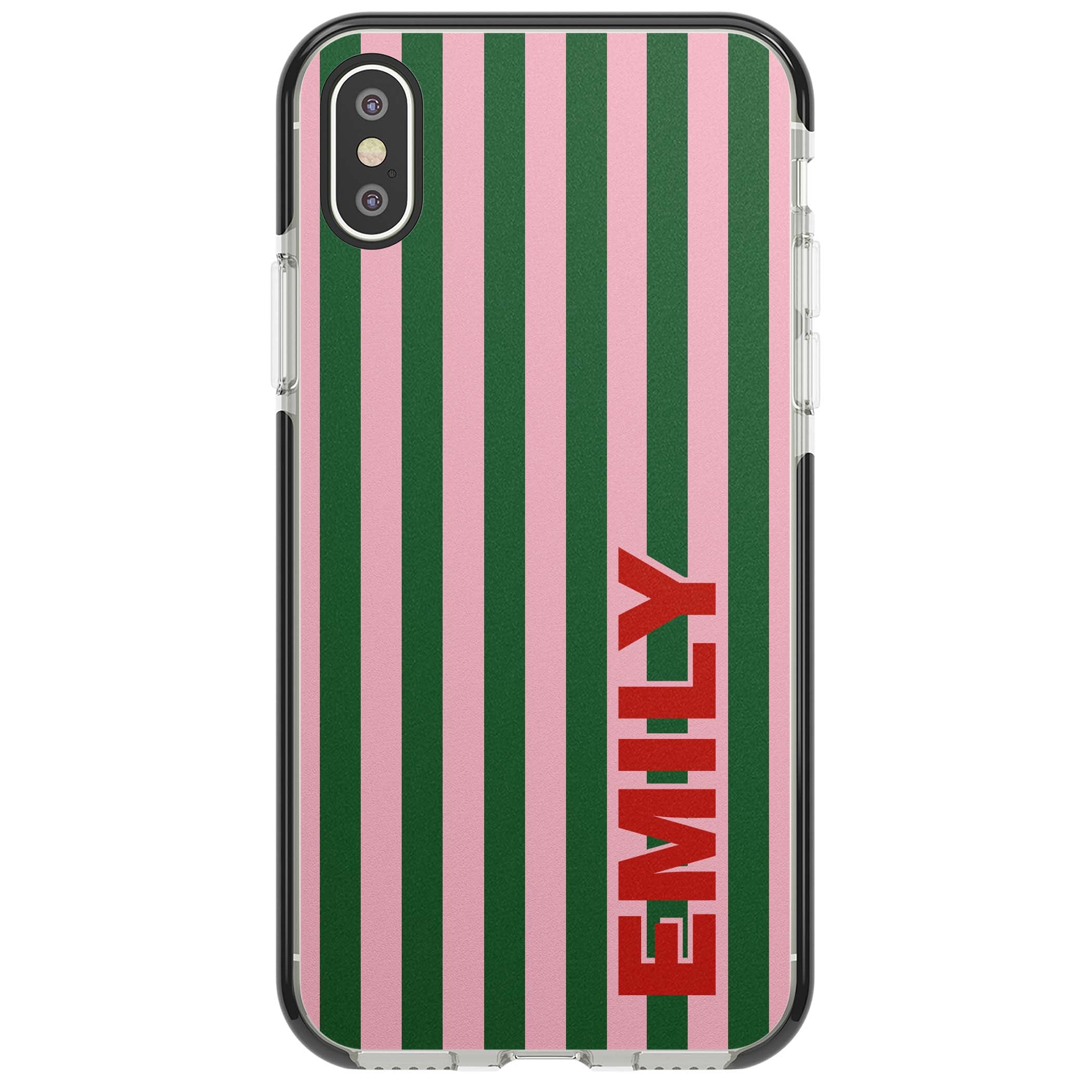 Italian Stripe preppy iPhone case featuring pink and green vertical stripes with personalised red name | Black Impact case for iPhone X, iPhone XS Max, iPhone XR