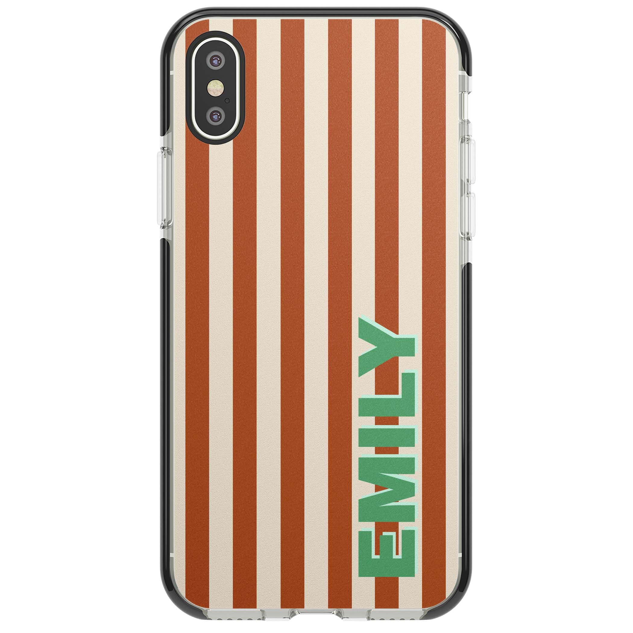 Dune Stripe personalised iPhone case with rust and cream vertical stripes and custom name in mint green | Black Impact case for iPhone X, iPhone XS Max, iPhone XR