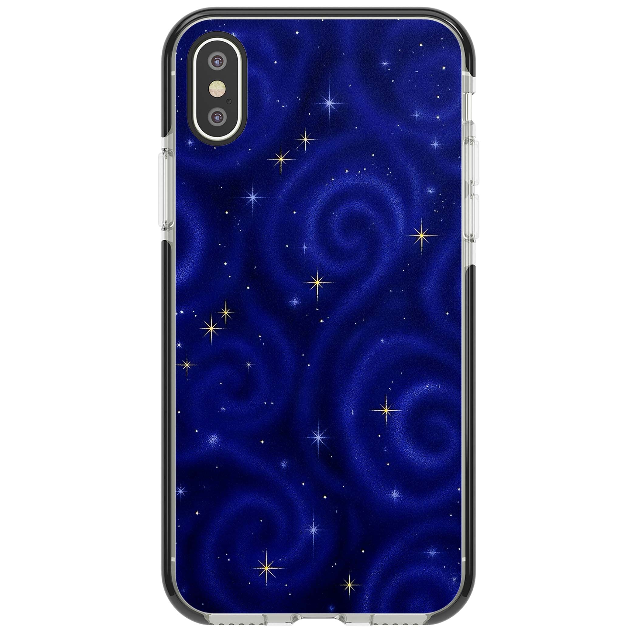 Indigo Cosmos celestial iPhone case featuring swirling navy night sky and sparkling golden stars | Black Impact case for iPhone X, iPhone XS Max, iPhone XR