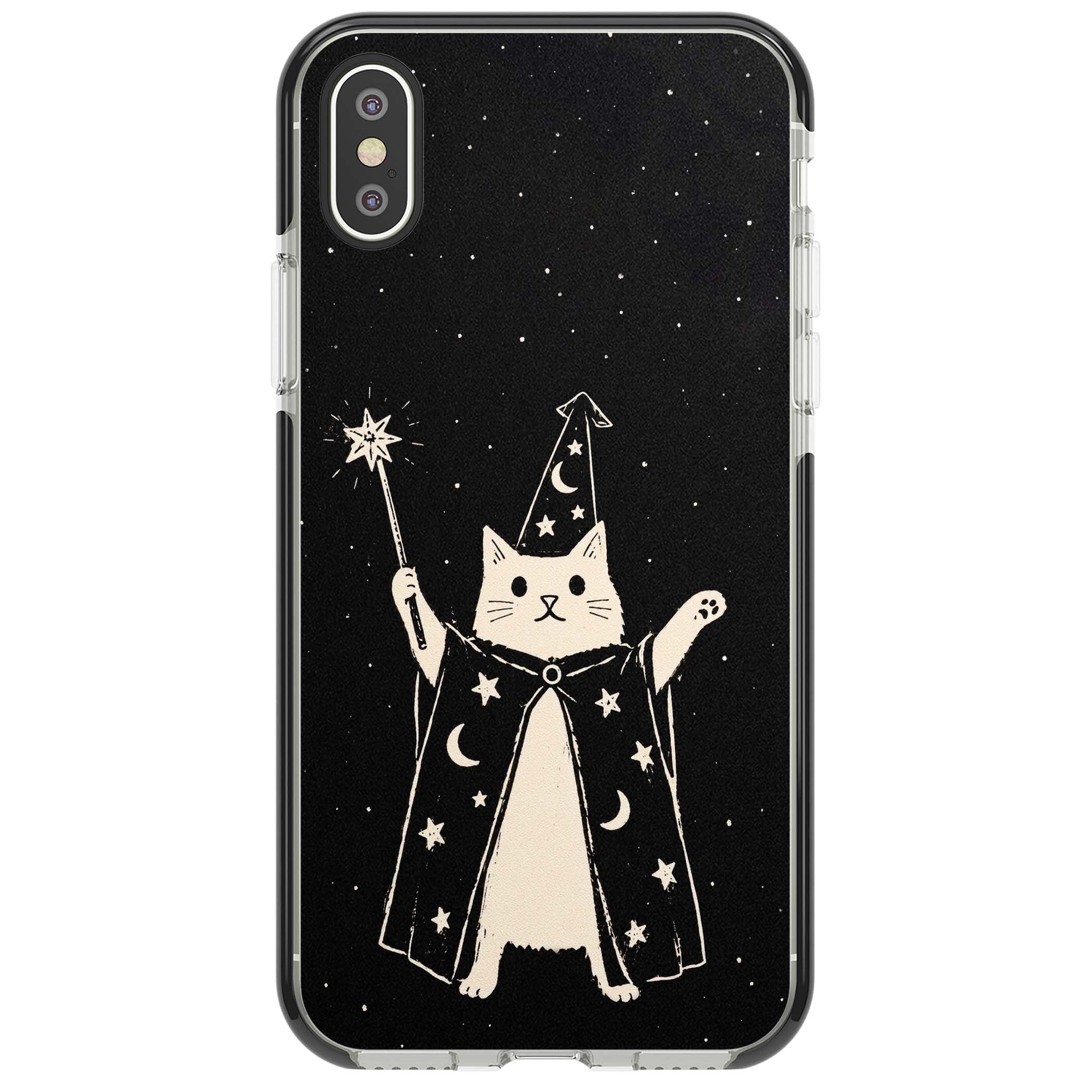 Whisker Wizard celestial cat iPhone case featuring a wizard cat with magic wand, starry night sky and crescent moons | Black Impact case for iPhone X, iPhone XS Max, iPhone XR