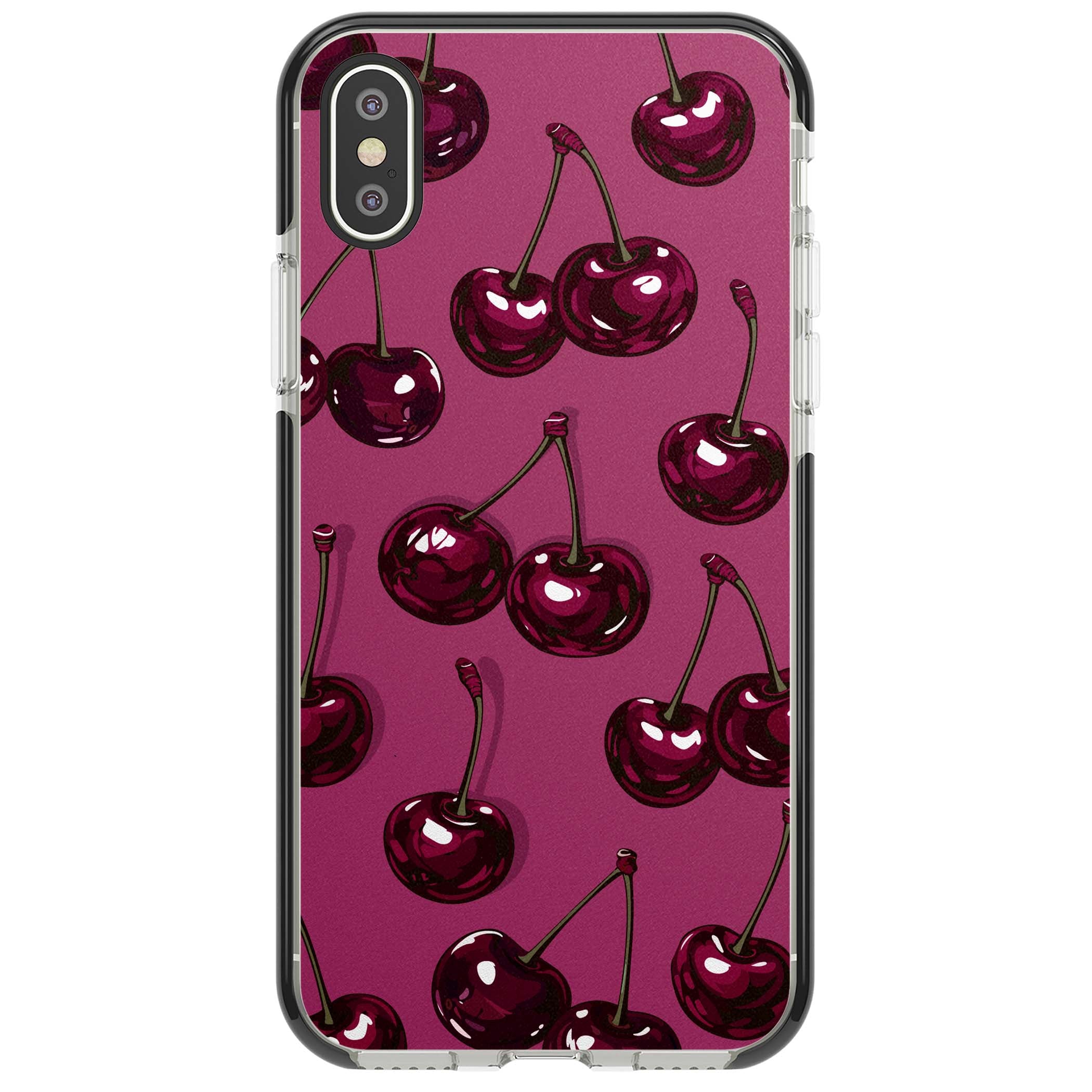 Cherry Soda coquette iPhone case featuring glossy burgundy cherries on a dusty pink background | Black Impact case for iPhone X, iPhone XS Max, iPhone XR