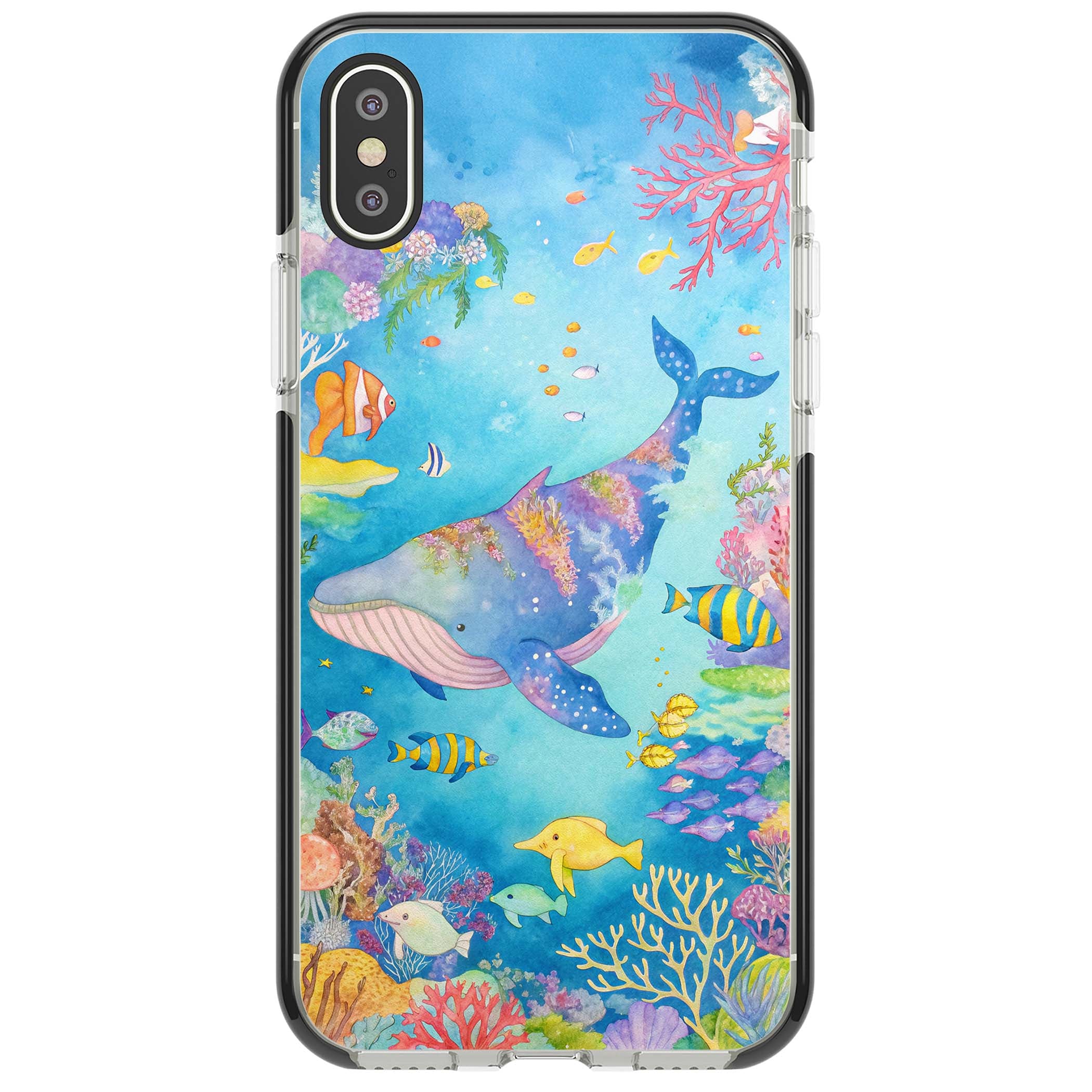 Coral Lagoon ocean iPhone case featuring a watercolour whale, coral reef and tropical fish | Black Impact case for iPhone X, iPhone XS Max, iPhone XR