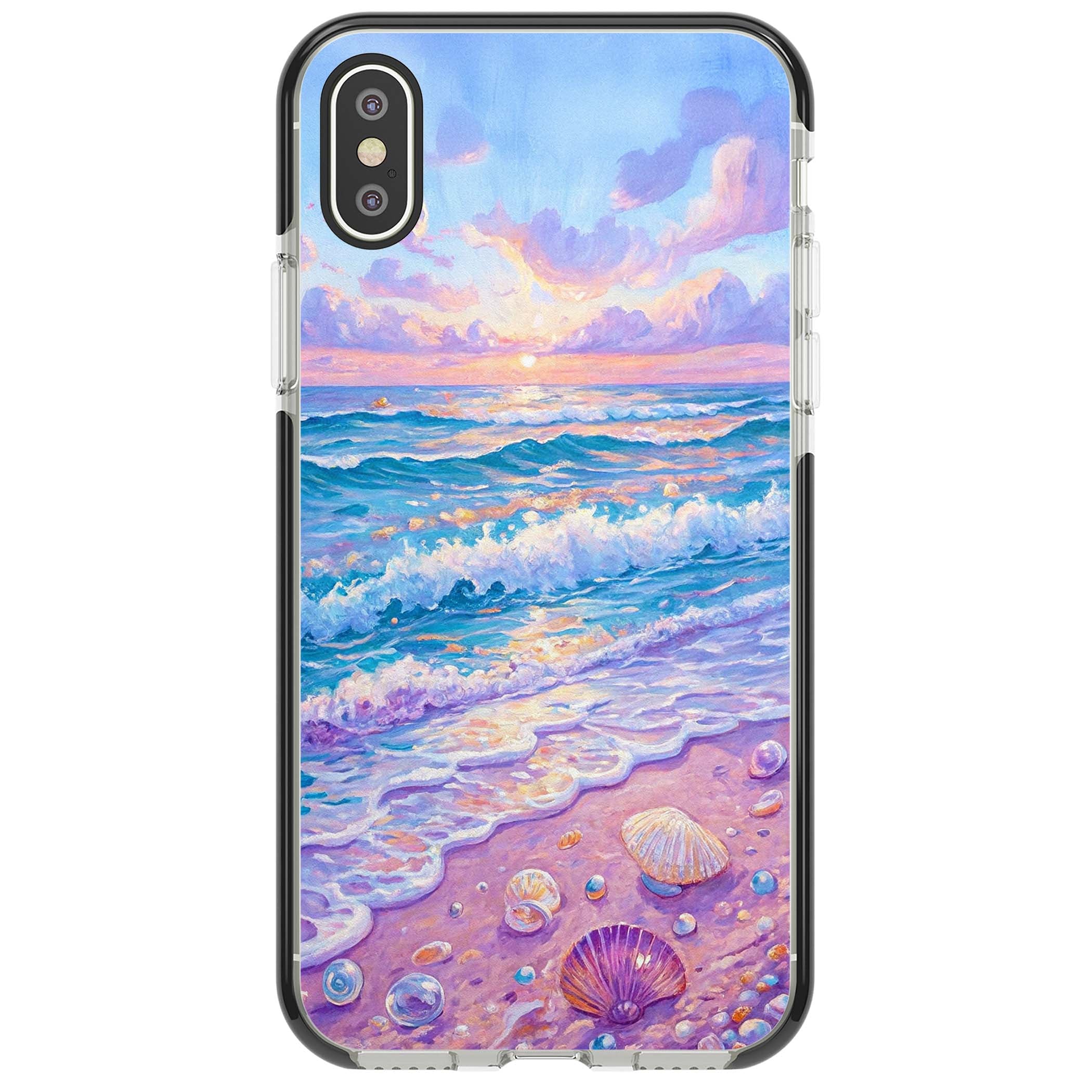 Pearl Shore coastal iPhone case featuring pastel painted waves, seashells, and a sunrise sky over a lavender beach. | Black Impact case for iPhone X, iPhone XS Max, iPhone XR