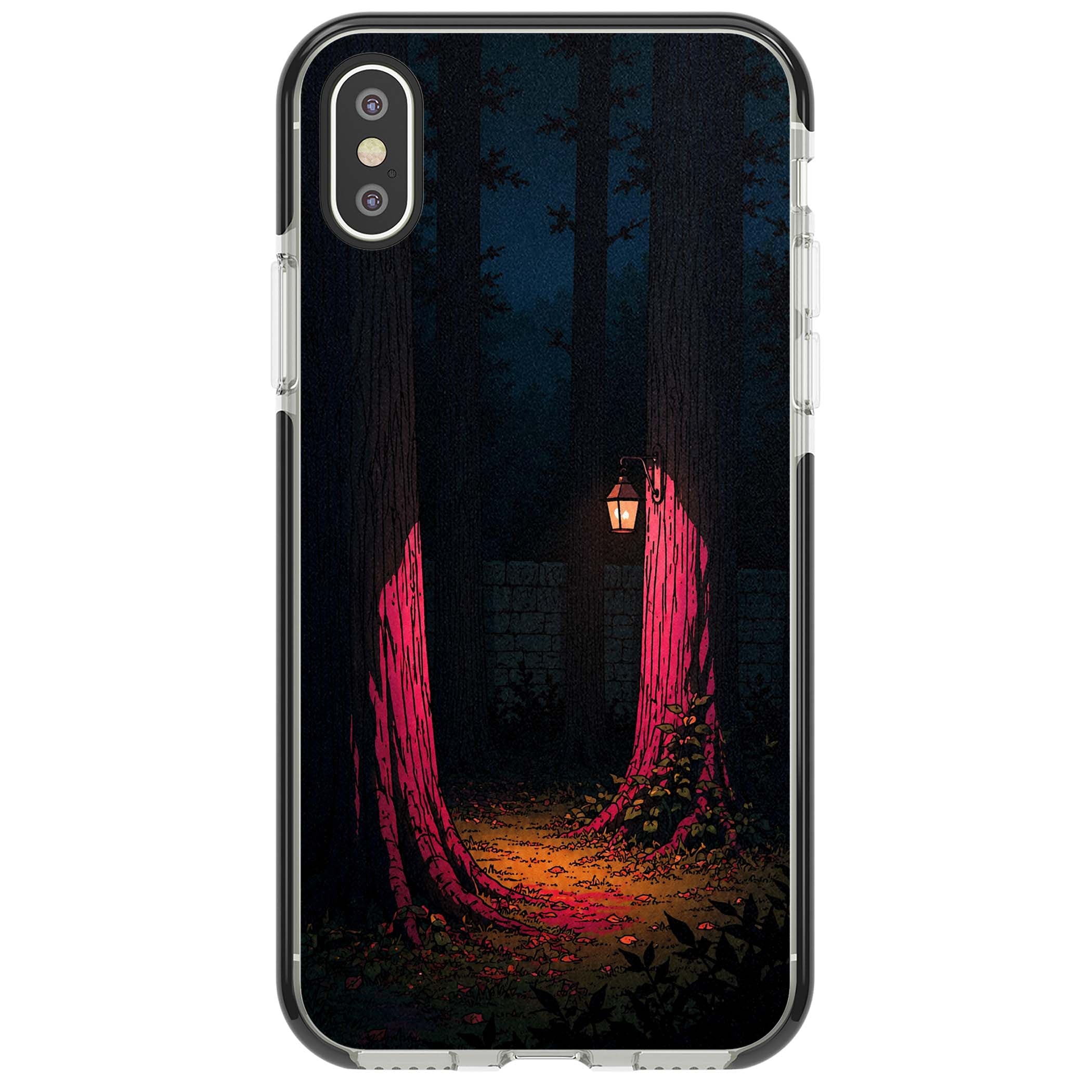 Forest Lantern dark academia iPhone case featuring a moonlit forest, glowing lantern, and stone wall pathway | Black Impact case for iPhone X, iPhone XS Max, iPhone XR
