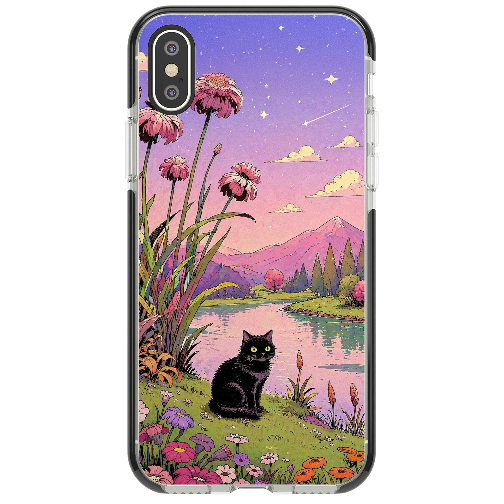 Mystic Whiskers ghibli iPhone case featuring a black cat by a pastel lake, wildflowers and a starry sunset sky | Black Impact case for iPhone X, iPhone XS Max, iPhone XR