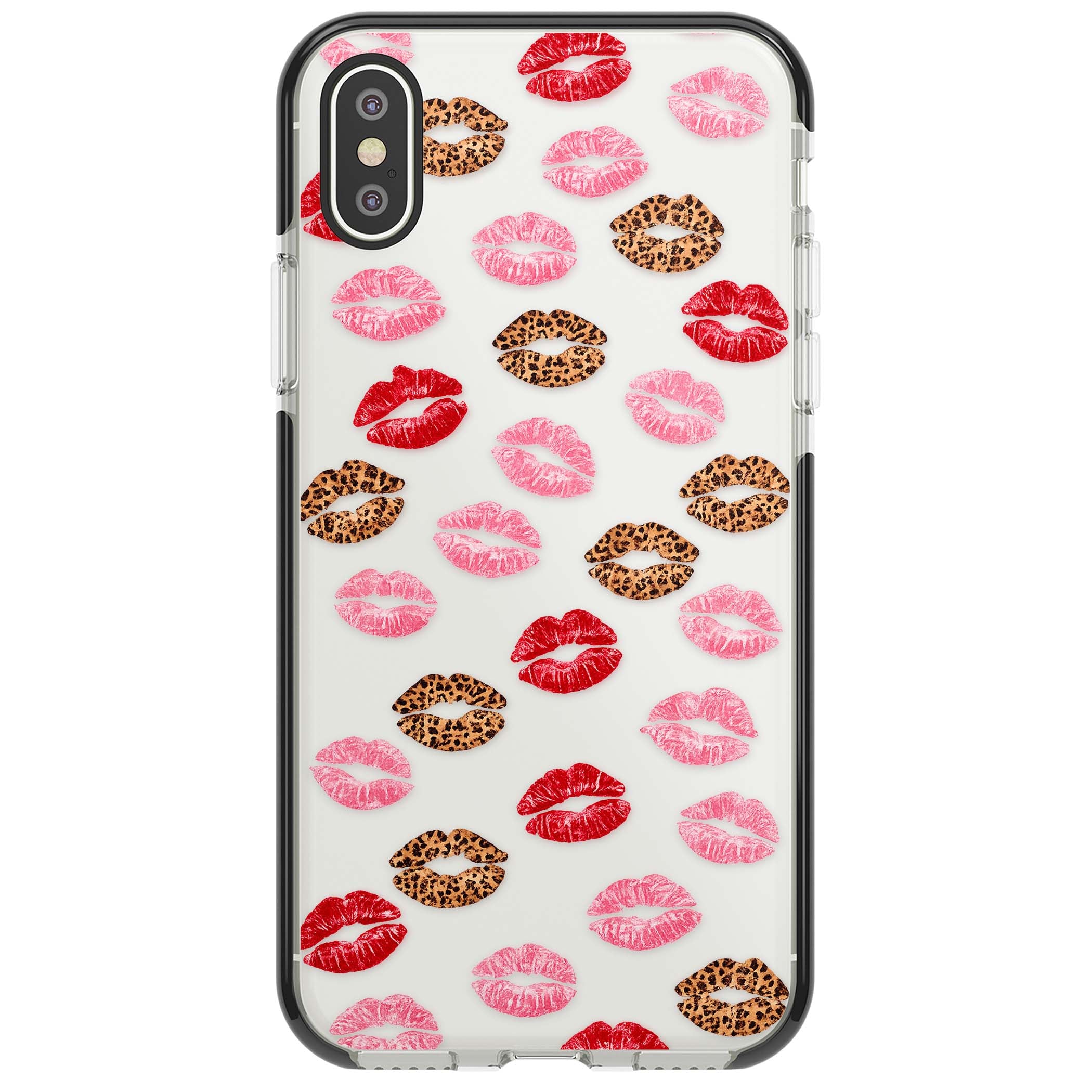 Wild Kisses coquette iPhone case featuring red, pink and leopard print lipstick kiss marks on a clear background | Black Impact case for iPhone X, iPhone XS Max, iPhone XR