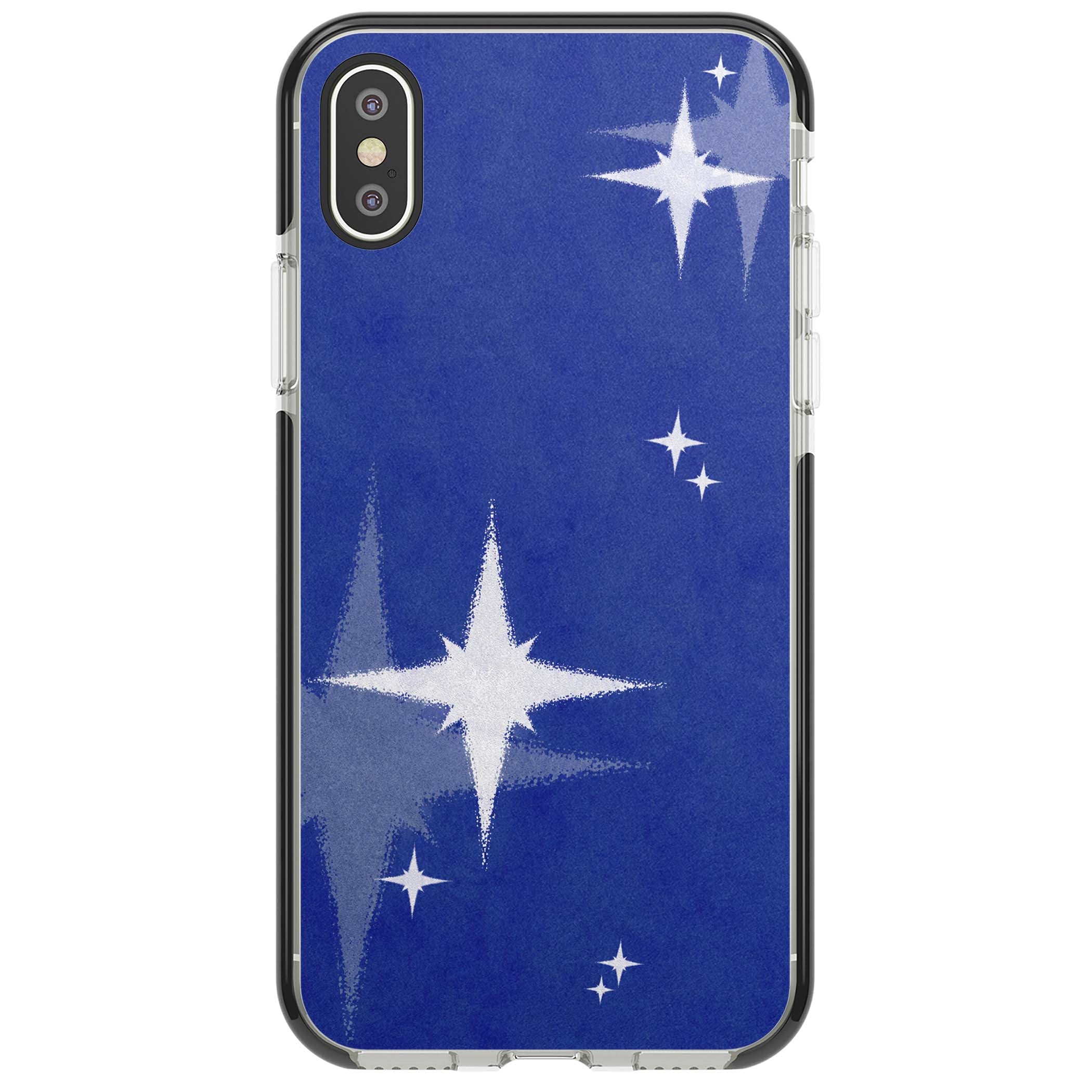 Blue Sparkle celestial iPhone case featuring sparkling silver stars on a deep blue painterly night sky | Black Impact case for iPhone X, iPhone XS Max, iPhone XR