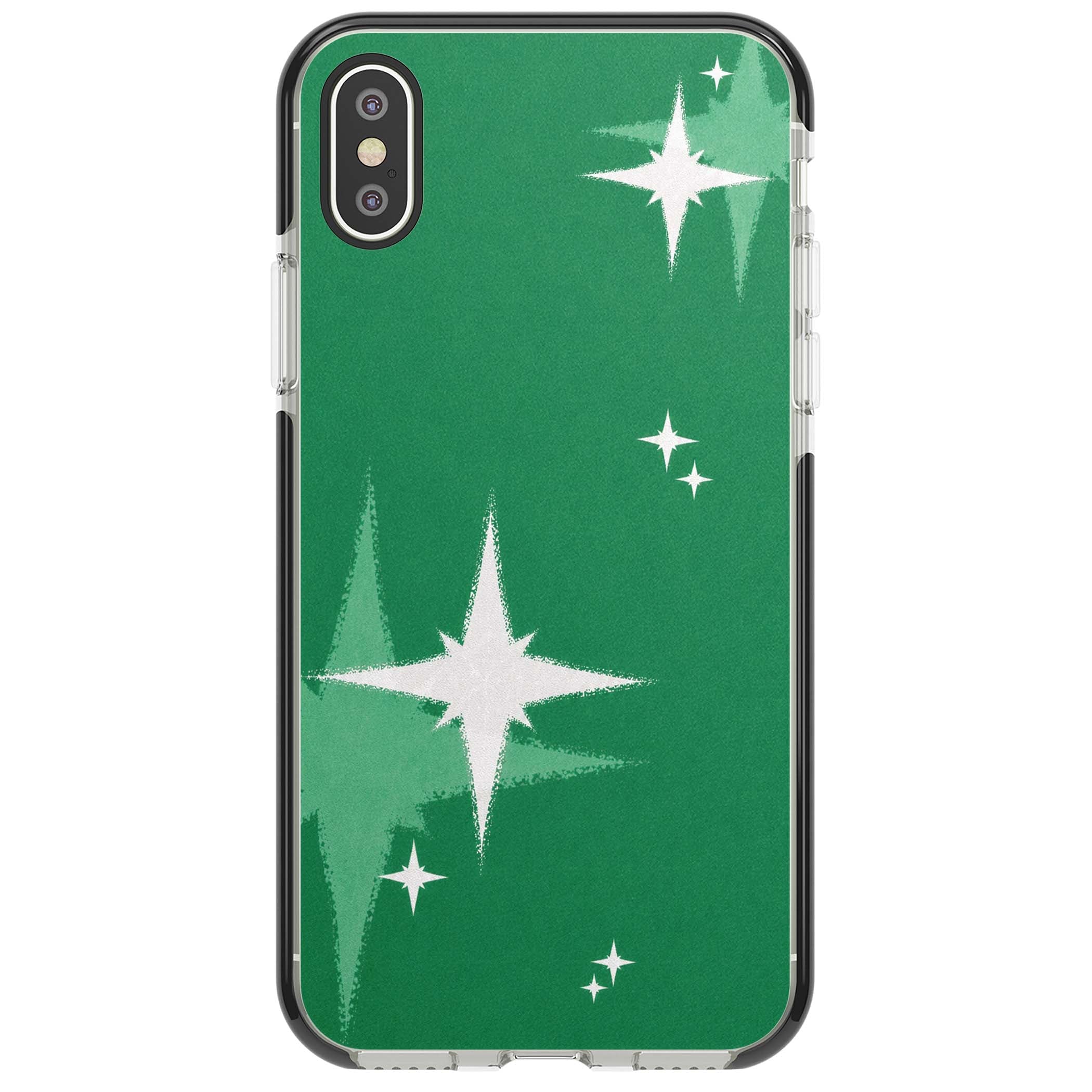 Green Sparkle celestial iPhone case featuring sparkling white four-point stars on a deep green background | Black Impact case for iPhone X, iPhone XS Max, iPhone XR