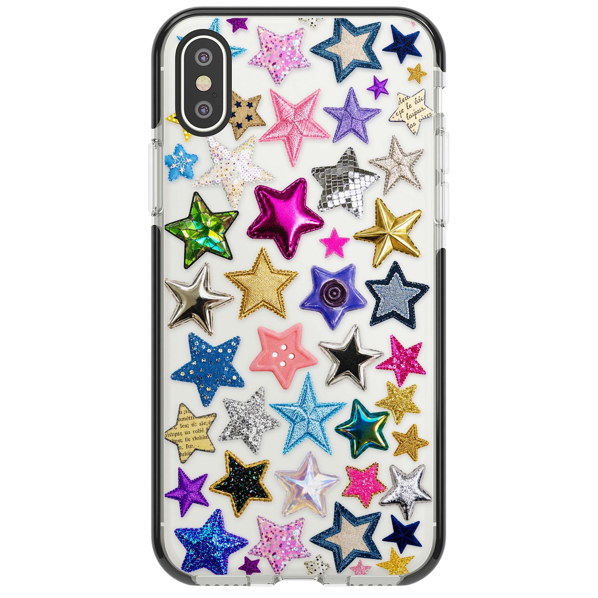 Crafty Star Mix Y2K iPhone case featuring embroidered, sequinned and glitter star patches in rainbow colours | Black Impact case for iPhone X, iPhone XS Max, iPhone XR