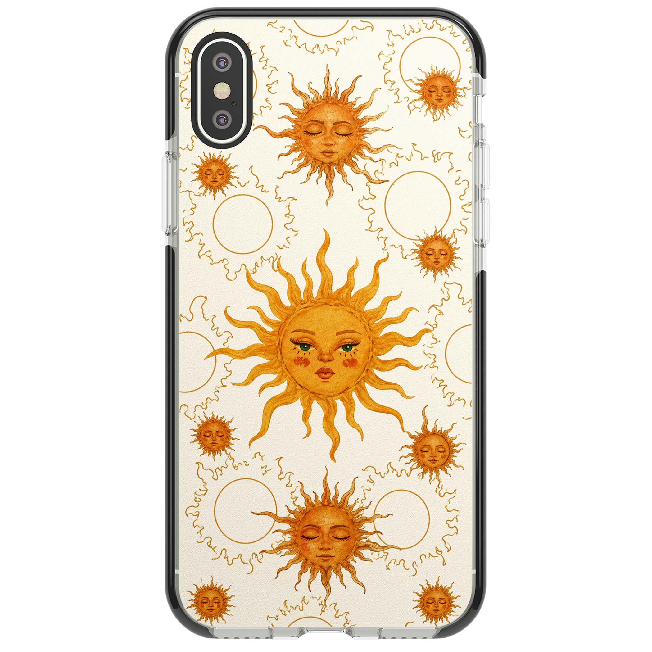 Solstice Muse celestial iPhone case featuring hand-painted golden sun faces, closed-eye sun goddesses and outlined moons... | Black Impact case for iPhone X, iPhone XS Max, iPhone XR