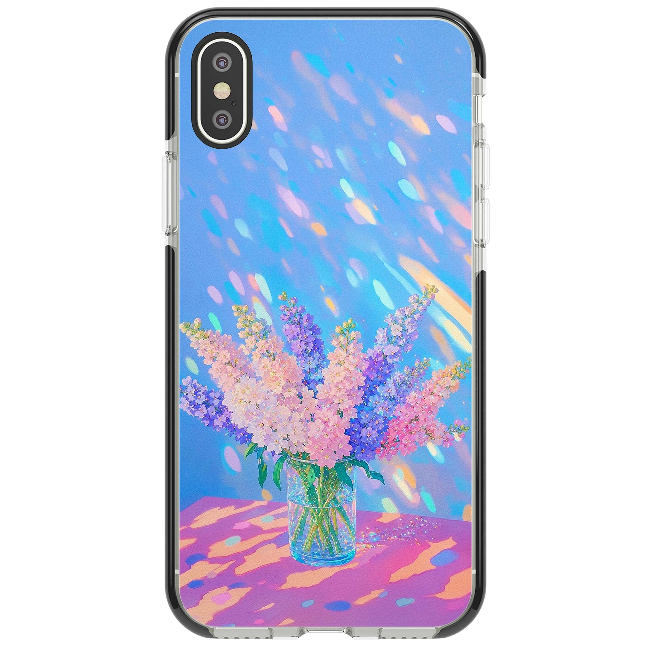 Bubblegum Flowers floral iPhone case featuring pastel lilac and pink bouquet in a glass vase with iridescent light | Black Impact case for iPhone X, iPhone XS Max, iPhone XR