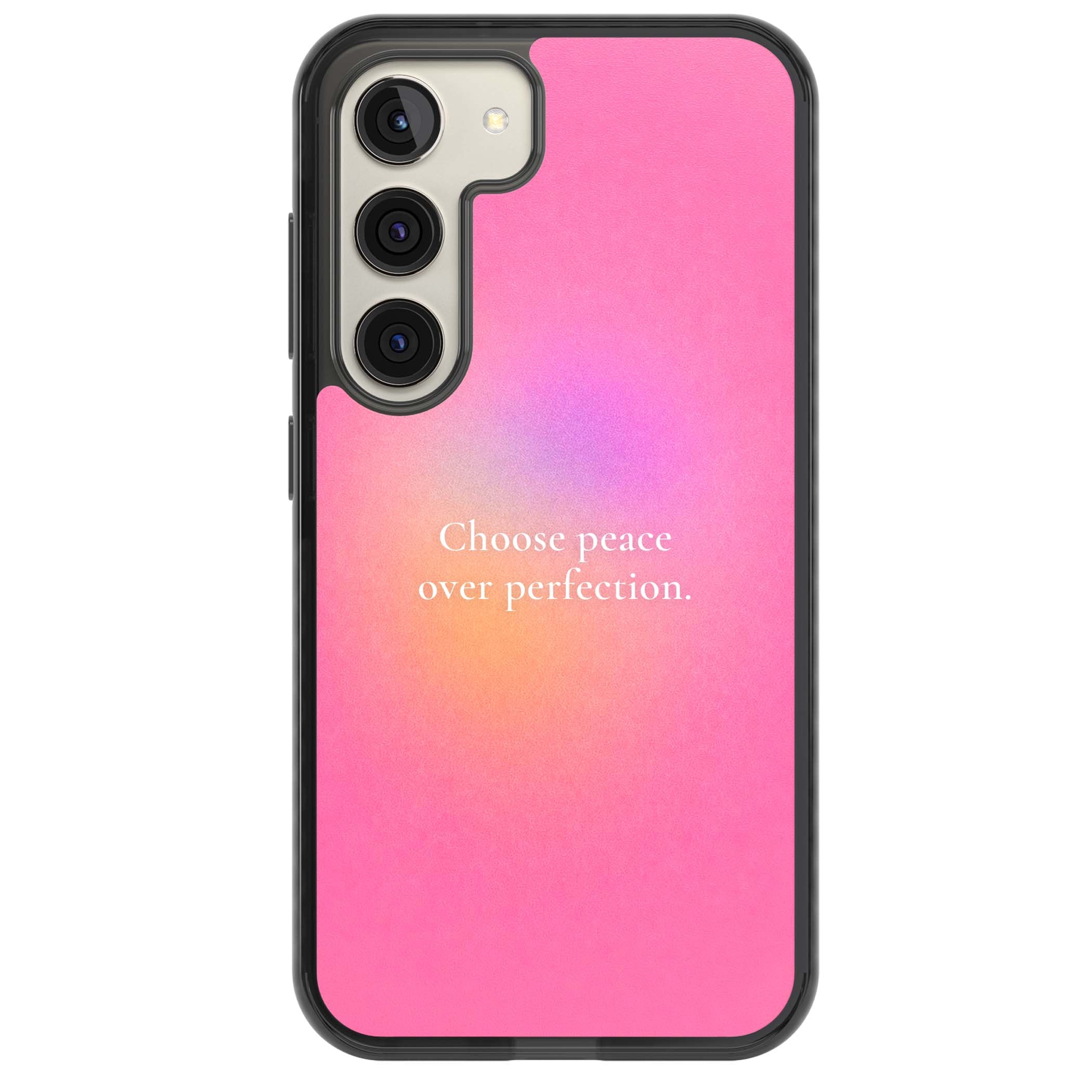 Peace Over Perfection quote iPhone case featuring a dreamy pink aura gradient and delicate white affirmation text | Black Impact case for Samsung Galaxy S24, Samsung Galaxy S23, Samsung Galaxy S22
