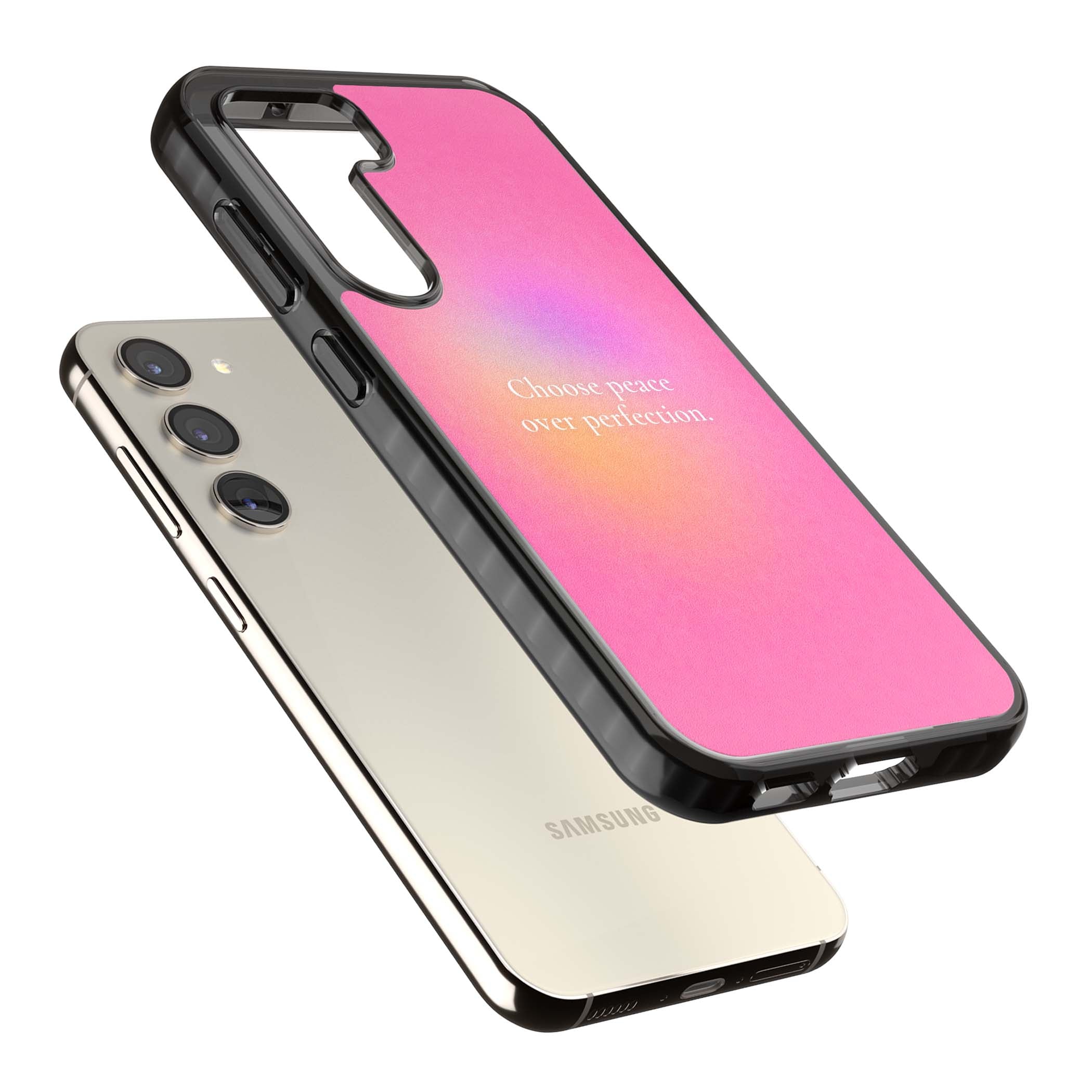 Peace Over Perfection quote iPhone case featuring a dreamy pink aura gradient and delicate white affirmation text | Black Impact case for Samsung Galaxy S24, Samsung Galaxy S23, Samsung Galaxy S22