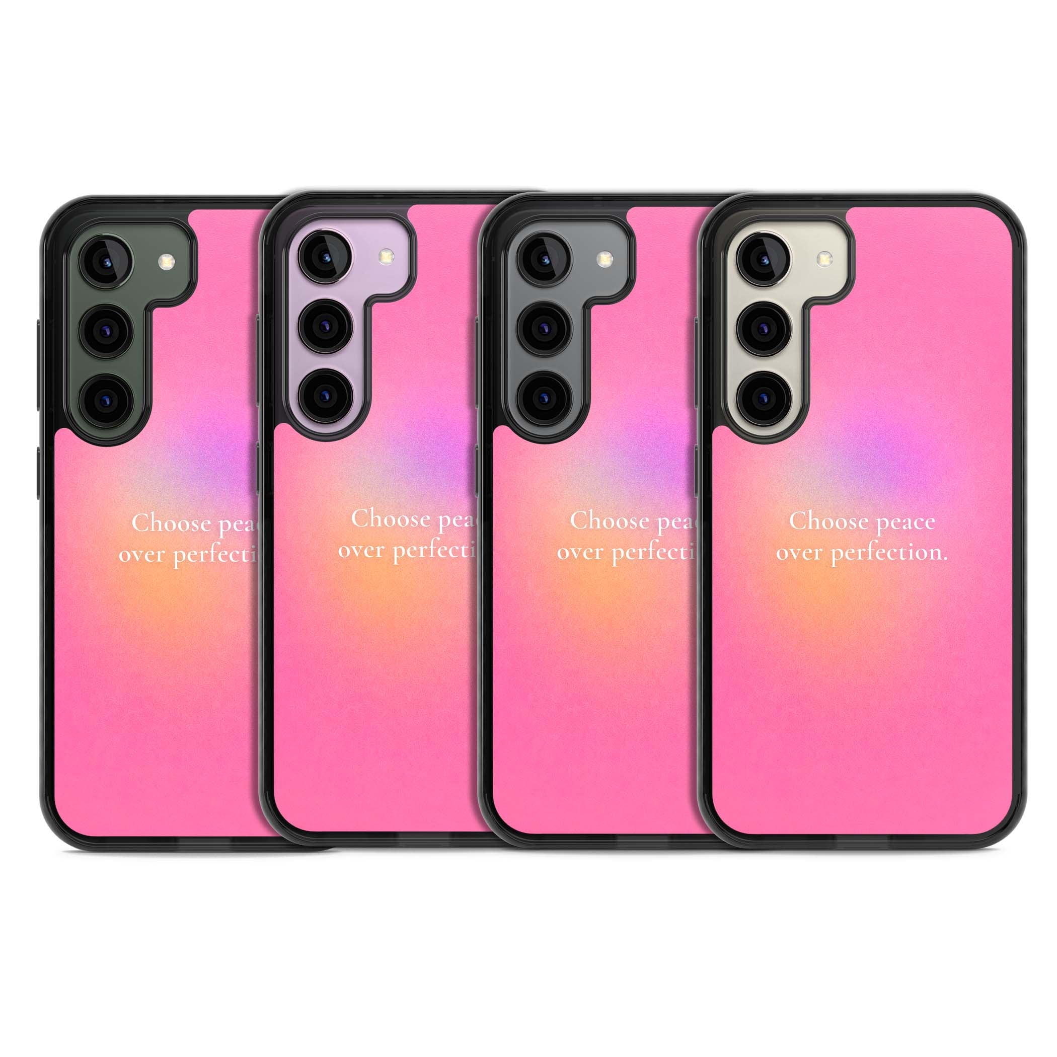 Peace Over Perfection quote iPhone case featuring a dreamy pink aura gradient and delicate white affirmation text | Black Impact case for Samsung Galaxy S24, Samsung Galaxy S23, Samsung Galaxy S22