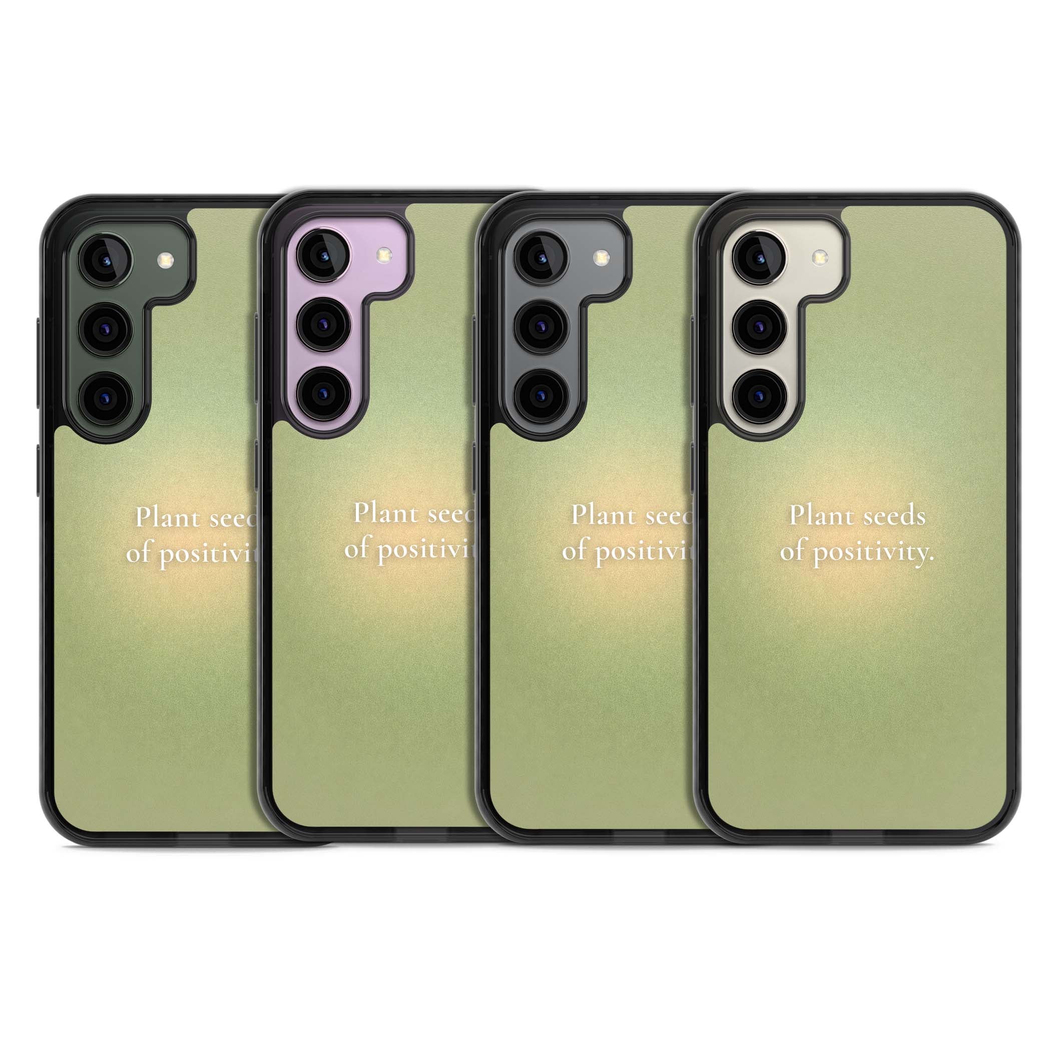 Seeds of Positivity quote iPhone case featuring a sage green aura gradient and golden glow affirmation | Black Impact case for Samsung Galaxy S24, Samsung Galaxy S23, Samsung Galaxy S22