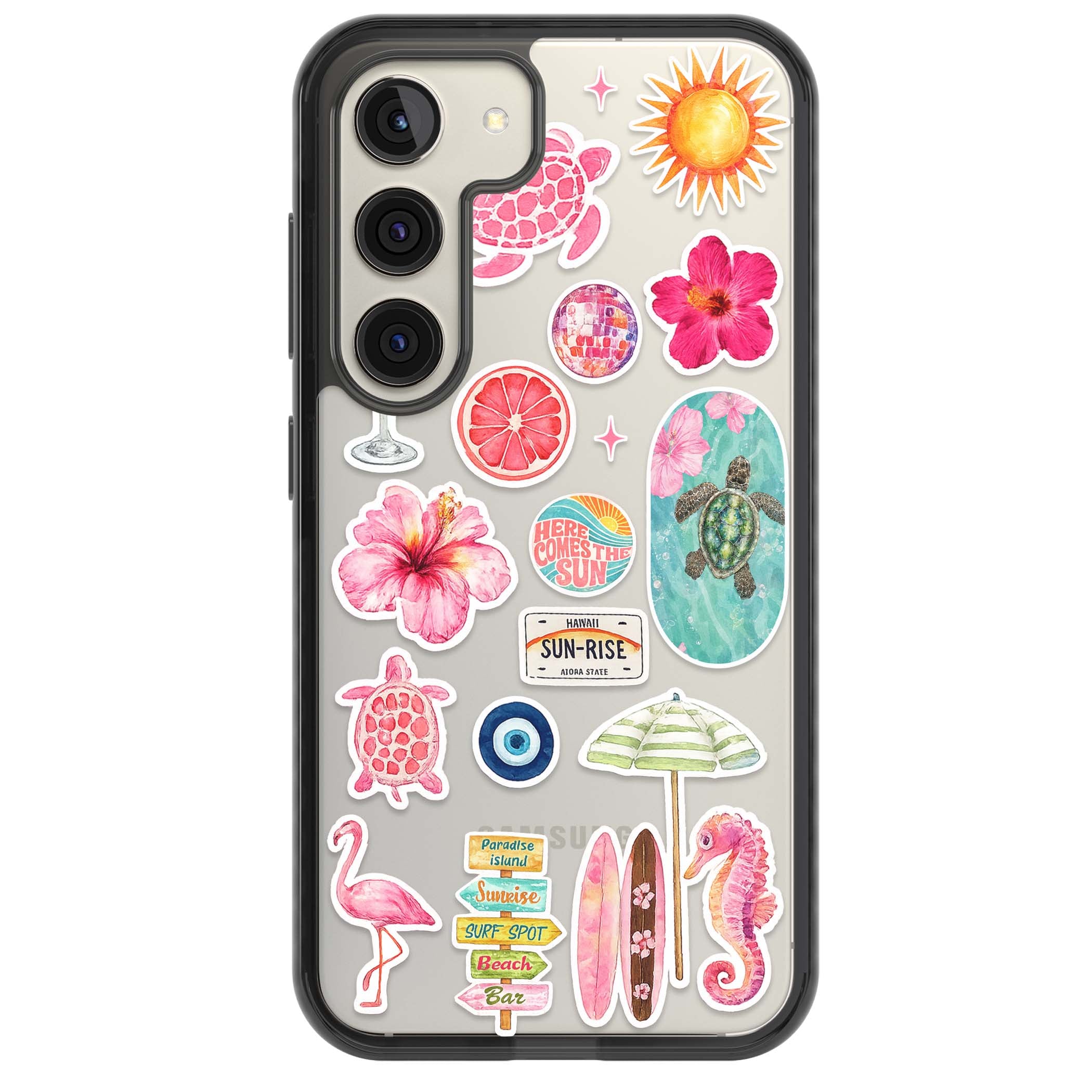 Aloha Sticker Mix tropical summer iPhone case featuring pink hibiscus, sea turtles, flamingo and beach umbrella stickers | Black Impact case for Samsung Galaxy S24, Samsung Galaxy S23, Samsung Galaxy S22