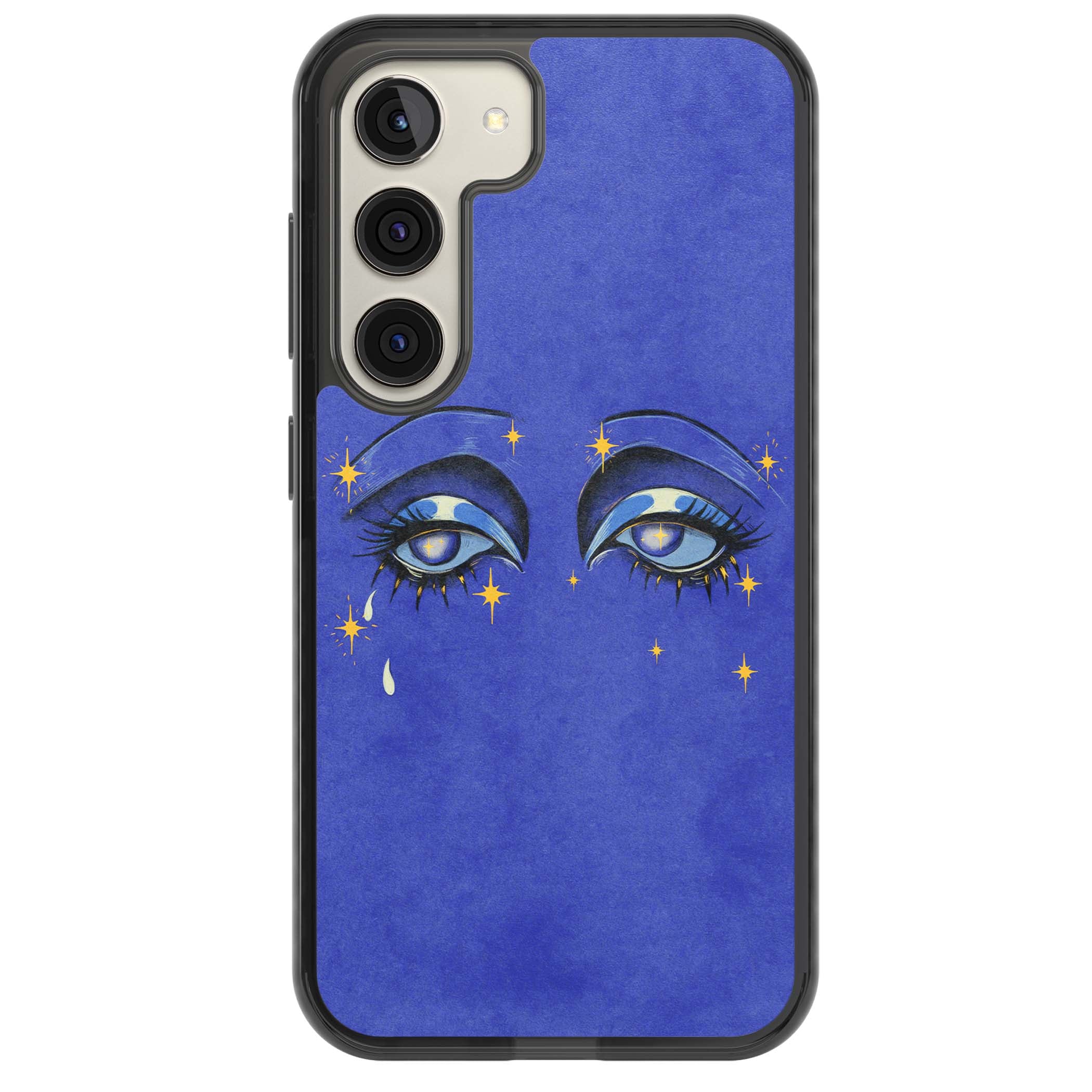 Blue Mystic Eyes celestial iPhone case featuring hand drawn blue mystical eyes, golden stars and a painted tear on indigo | Black Impact case for Samsung Galaxy S24, Samsung Galaxy S23, Samsung Galaxy S22