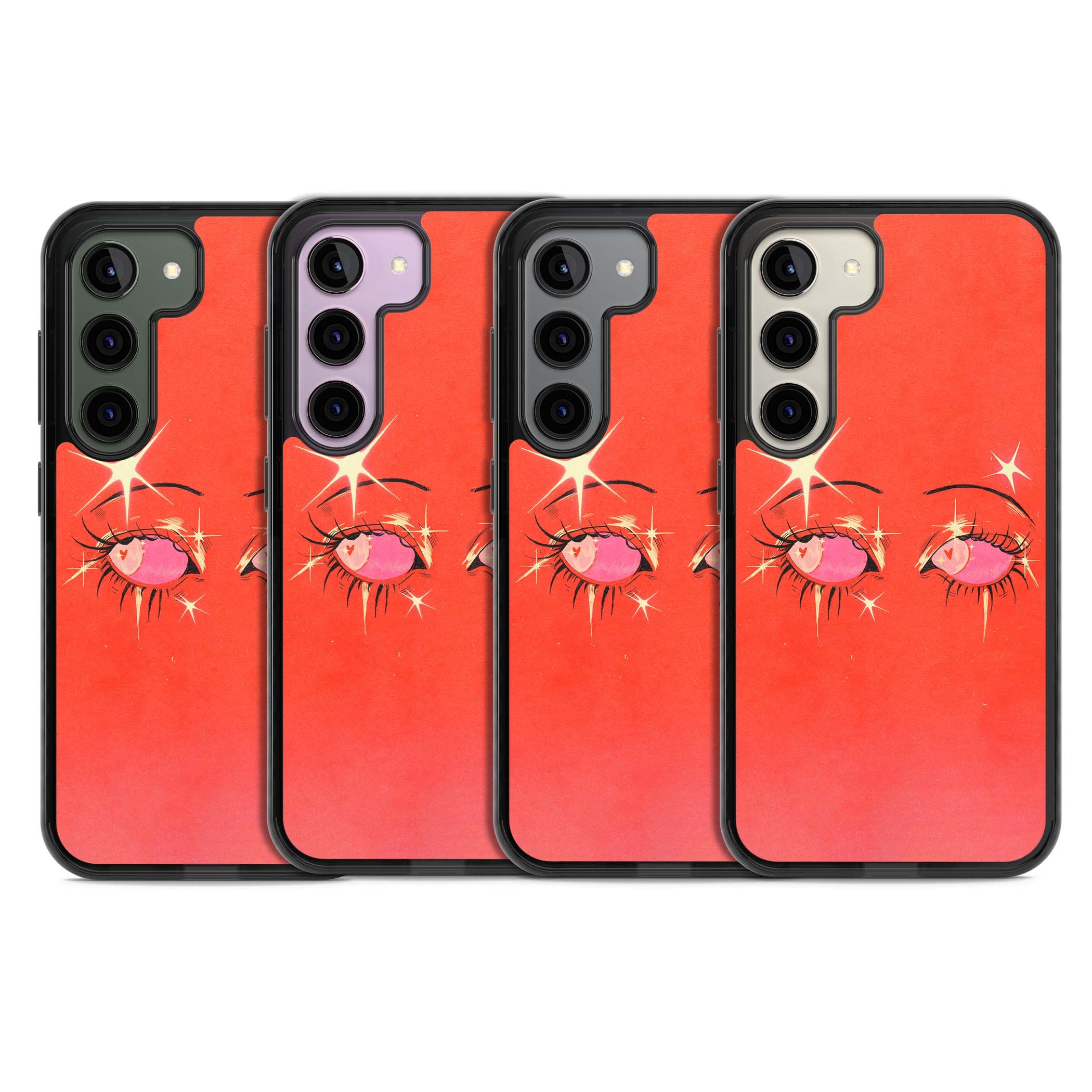 Pink Ethereal Eyes anime iPhone case featuring hand-drawn sparkly eyes with pink hearts and gold stars on red | Black Impact case for Samsung Galaxy S24, Samsung Galaxy S23, Samsung Galaxy S22
