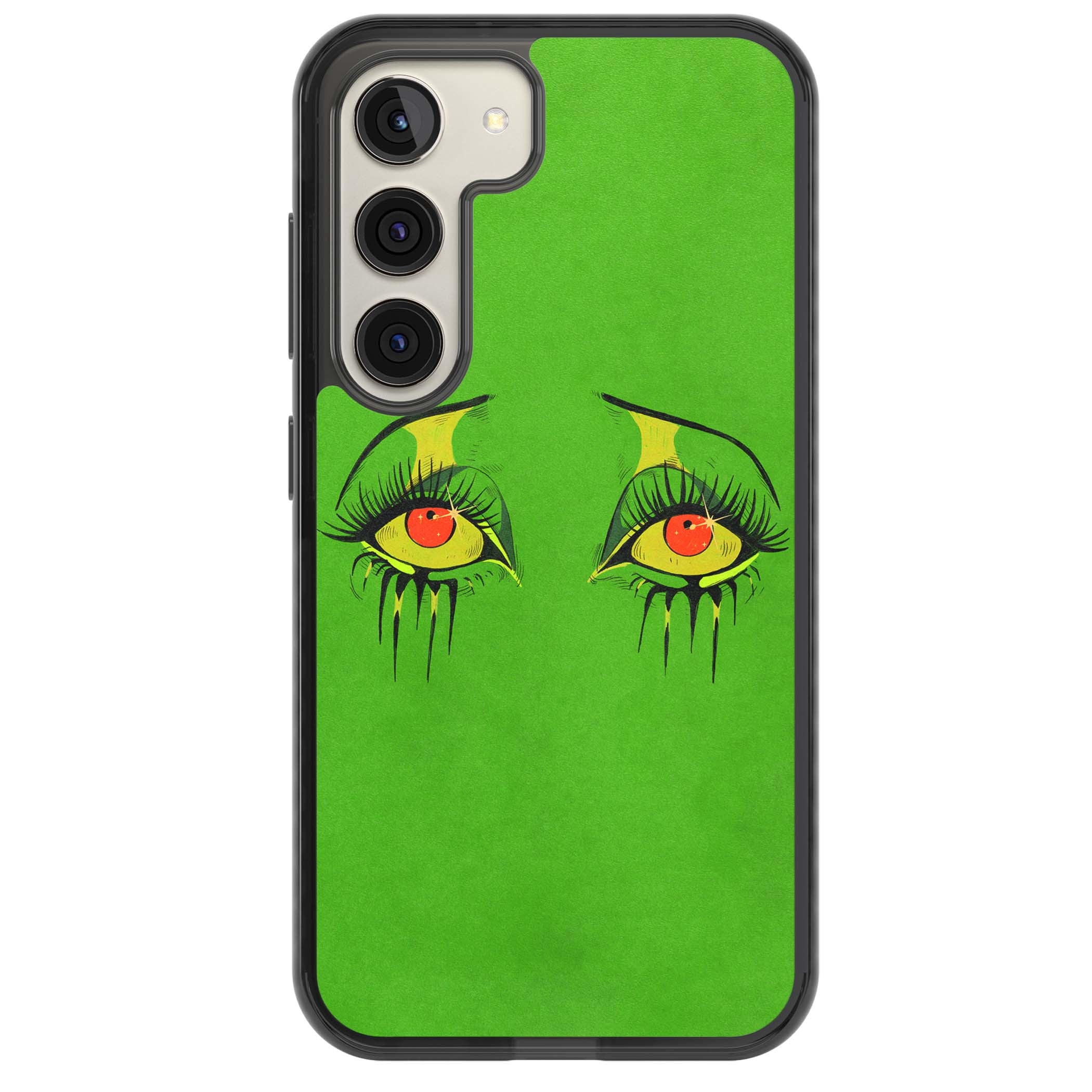 Green Enchanted Eyes psychedelic art iPhone case featuring hand-drawn dripping eyes on neon green background | Black Impact case for Samsung Galaxy S24, Samsung Galaxy S23, Samsung Galaxy S22