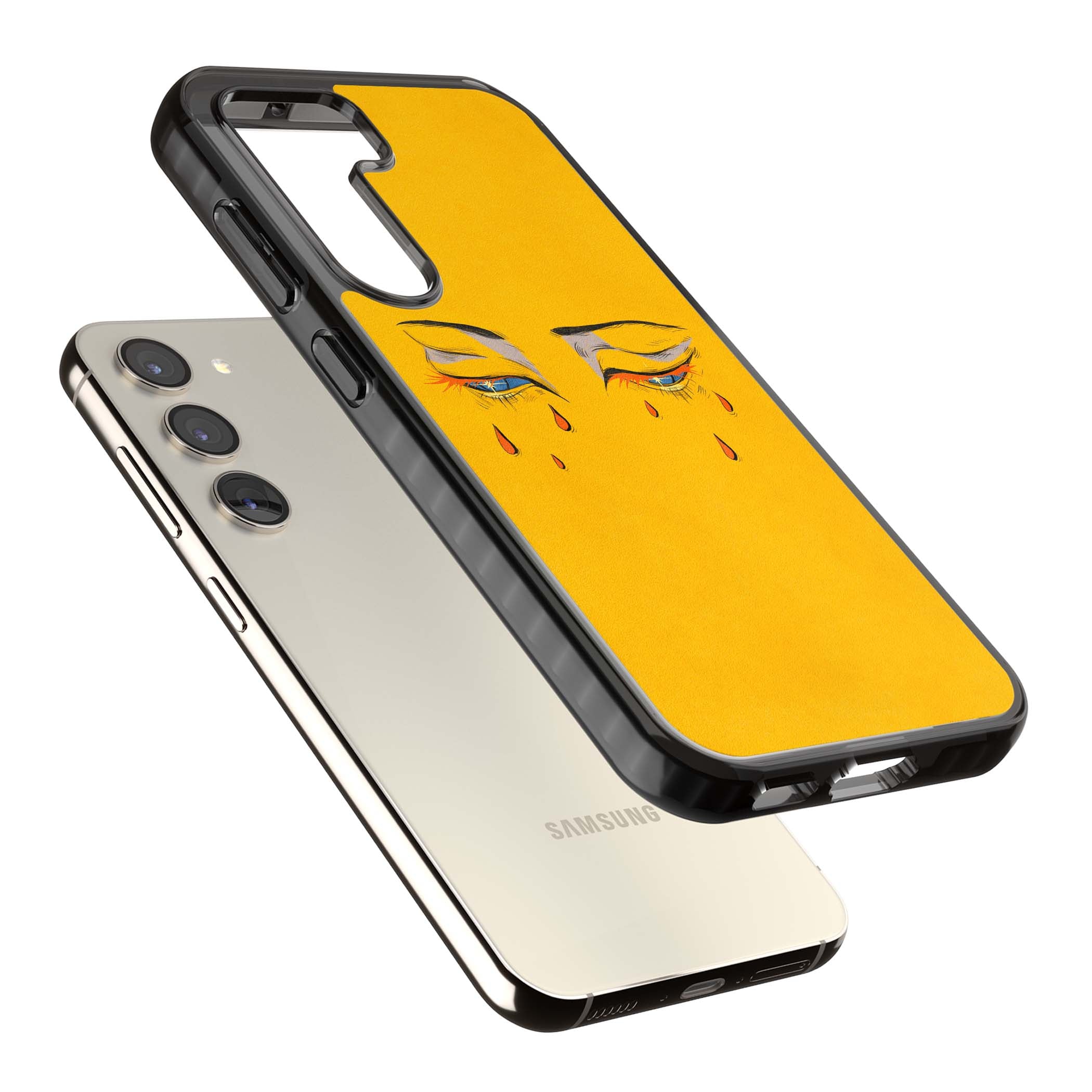 Yellow Tearful Eyes indie iPhone case featuring hand-drawn crying eyes with orange tears on a yellow background | Black Impact case for Samsung Galaxy S24, Samsung Galaxy S23, Samsung Galaxy S22