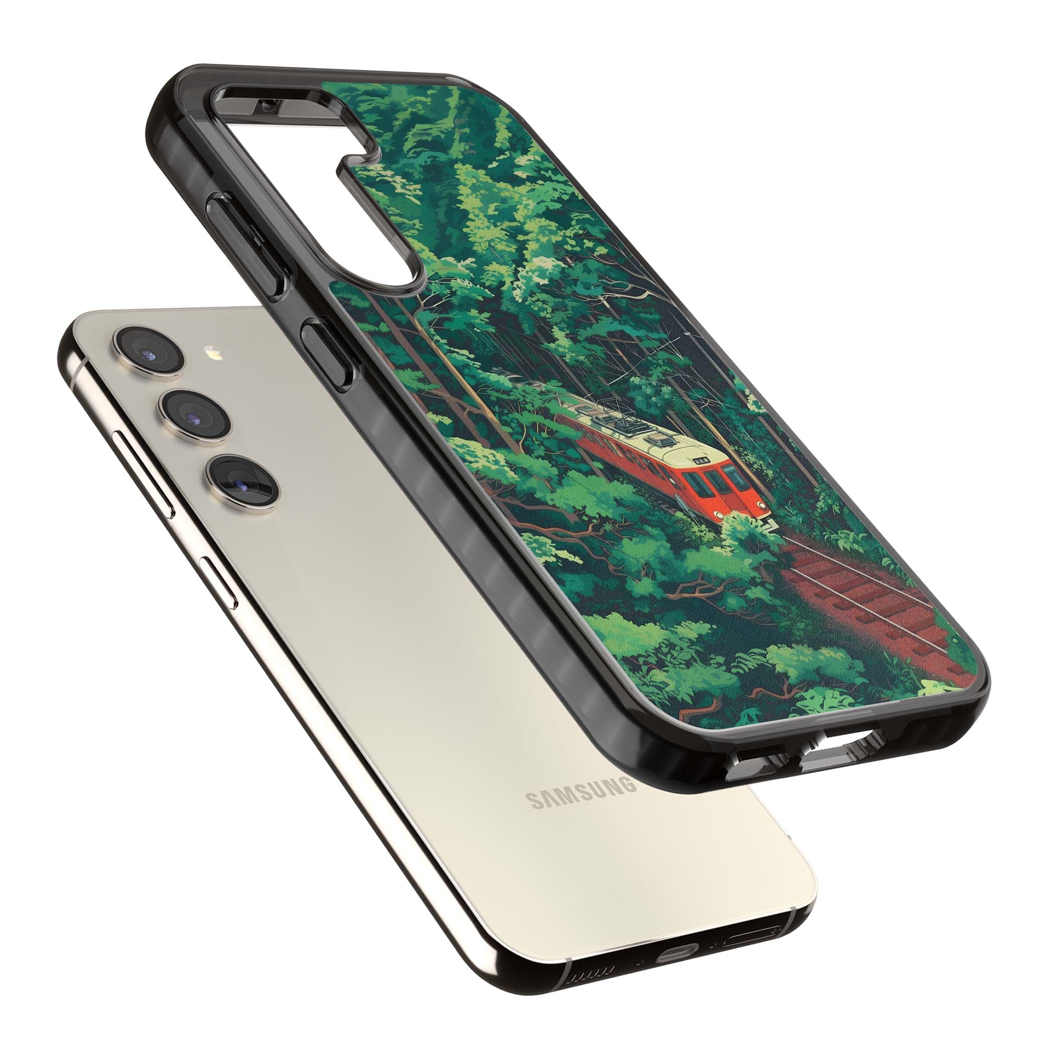 Railway In Toyama Japanese iPhone case featuring a red train, cedar forest and winding mountain railway tracks | Black Impact case for Samsung Galaxy S24, Samsung Galaxy S23, Samsung Galaxy S22