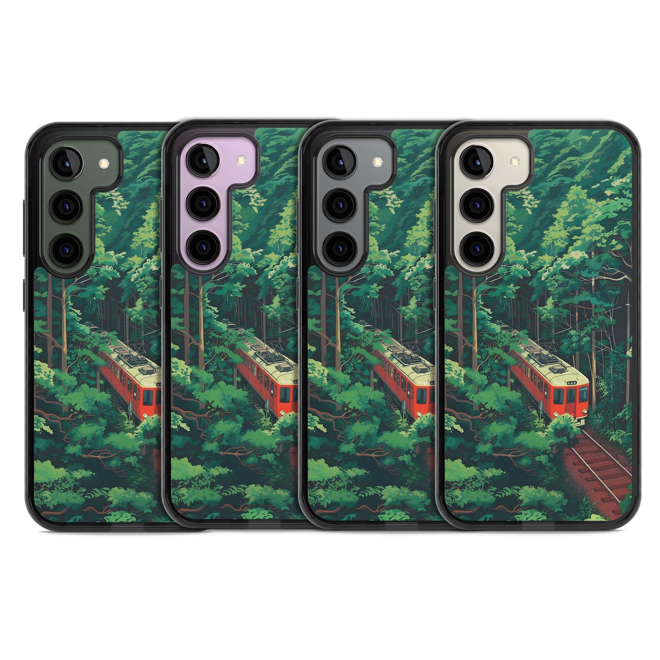 Railway In Toyama Japanese iPhone case featuring a red train, cedar forest and winding mountain railway tracks | Black Impact case for Samsung Galaxy S24, Samsung Galaxy S23, Samsung Galaxy S22