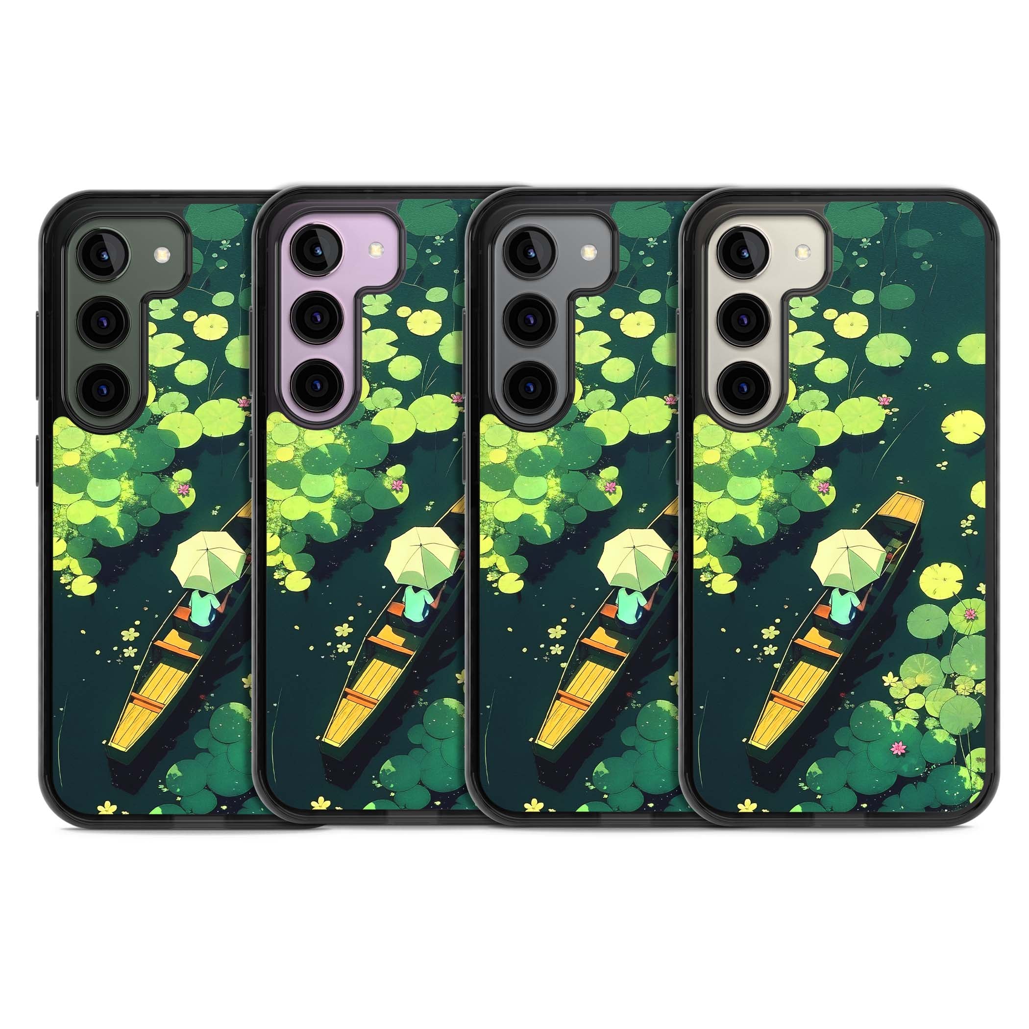 Jade Waters cottagecore iPhone case featuring a painted lily pond, wooden boat with parasol and floating water lilies | Black Impact case for Samsung Galaxy S24, Samsung Galaxy S23, Samsung Galaxy S22