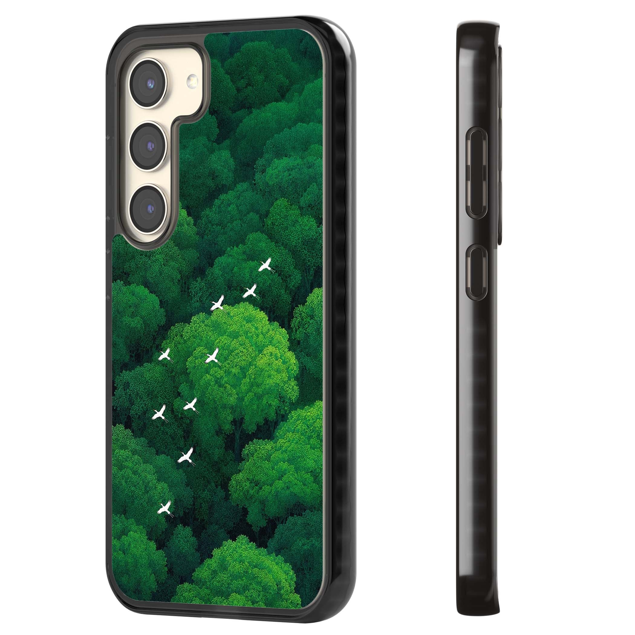 Grove Migration forest iPhone case featuring white cranes flying over lush green treetop canopy | Black Impact case for Samsung Galaxy S24, Samsung Galaxy S23, Samsung Galaxy S22