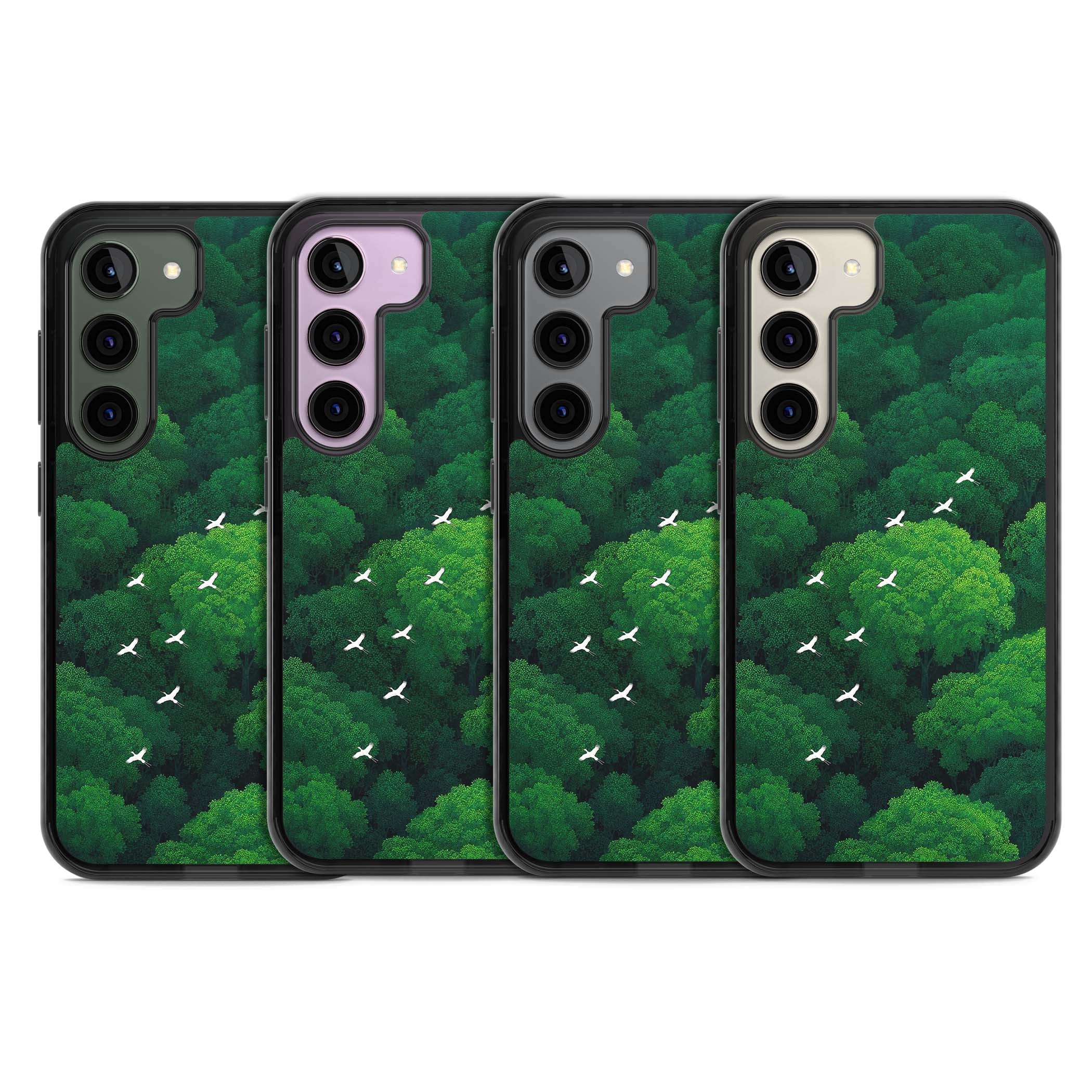 Grove Migration forest iPhone case featuring white cranes flying over lush green treetop canopy | Black Impact case for Samsung Galaxy S24, Samsung Galaxy S23, Samsung Galaxy S22