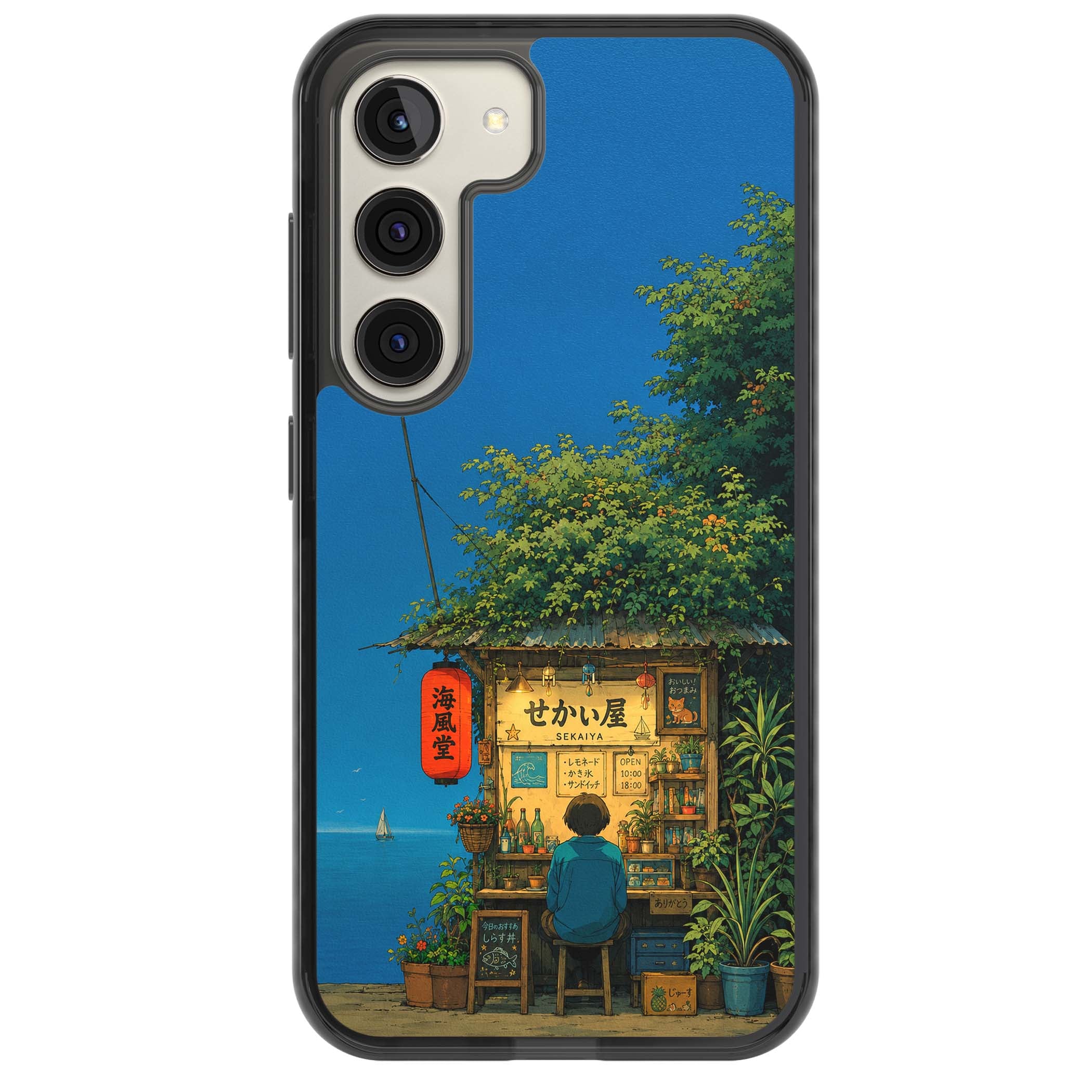 The Shirahama Kiosk anime iPhone case featuring a Japanese seaside shop, red paper lantern and ocean view | Black Impact case for Samsung Galaxy S24, Samsung Galaxy S23, Samsung Galaxy S22