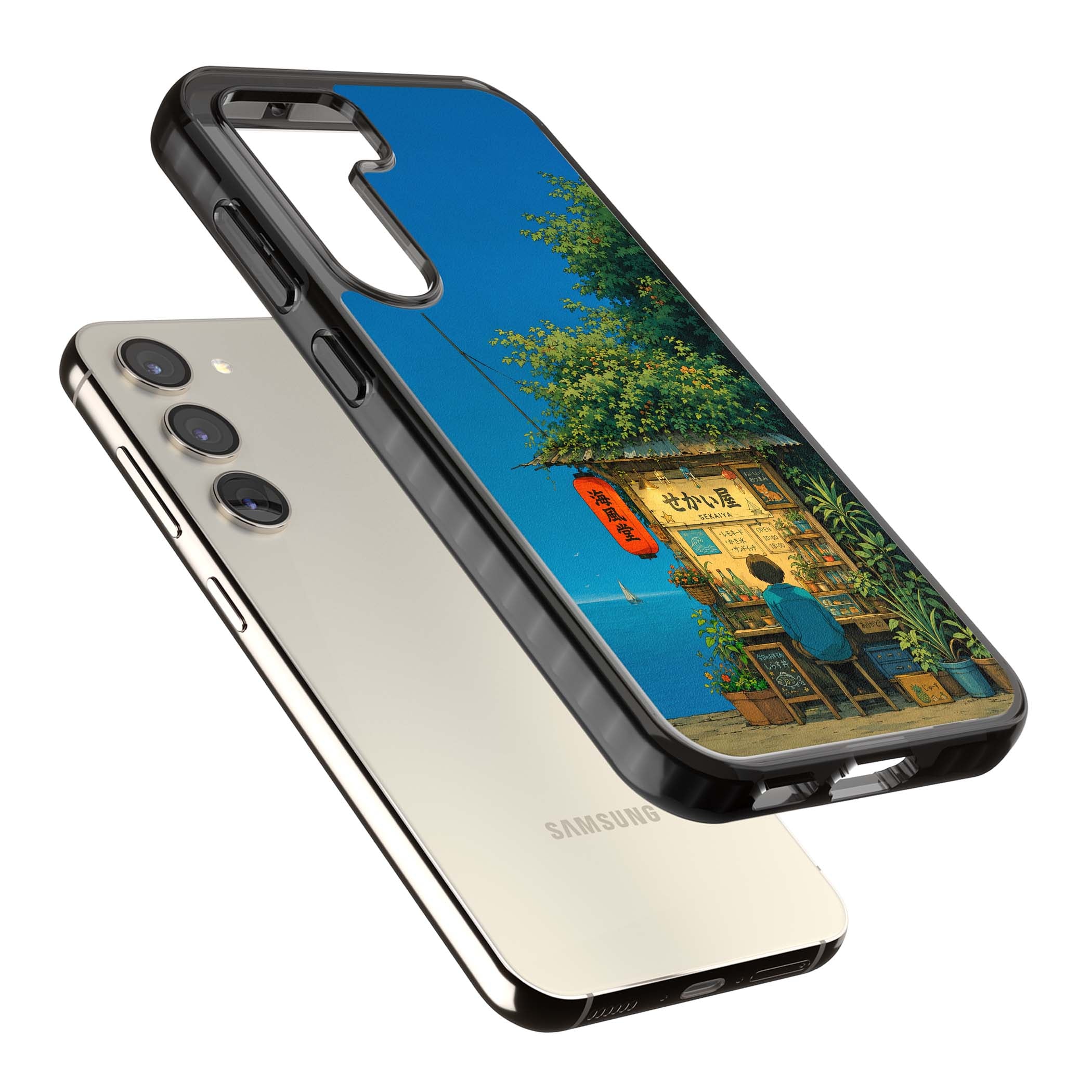 The Shirahama Kiosk anime iPhone case featuring a Japanese seaside shop, red paper lantern and ocean view | Black Impact case for Samsung Galaxy S24, Samsung Galaxy S23, Samsung Galaxy S22