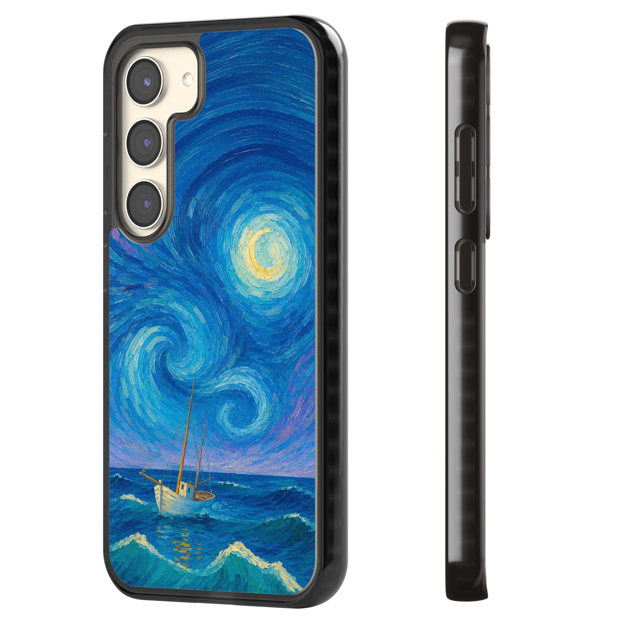 Moonlit Tide Van Gogh art iPhone case featuring swirling starry night sky, glowing moon and lone sailing boat at sea | Black Impact case for Samsung Galaxy S24, Samsung Galaxy S23, Samsung Galaxy S22