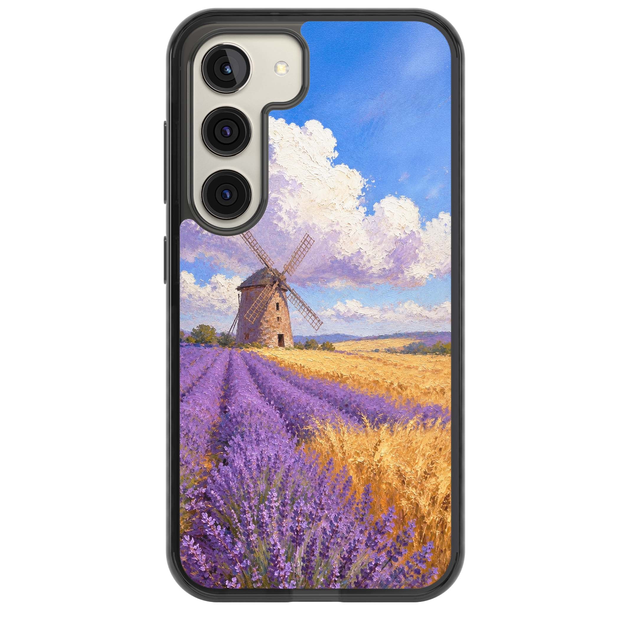 Lavender Mill cottagecore iPhone case featuring a French windmill, lavender field and golden wheat oil painting | Black Impact case for Samsung Galaxy S24, Samsung Galaxy S23, Samsung Galaxy S22