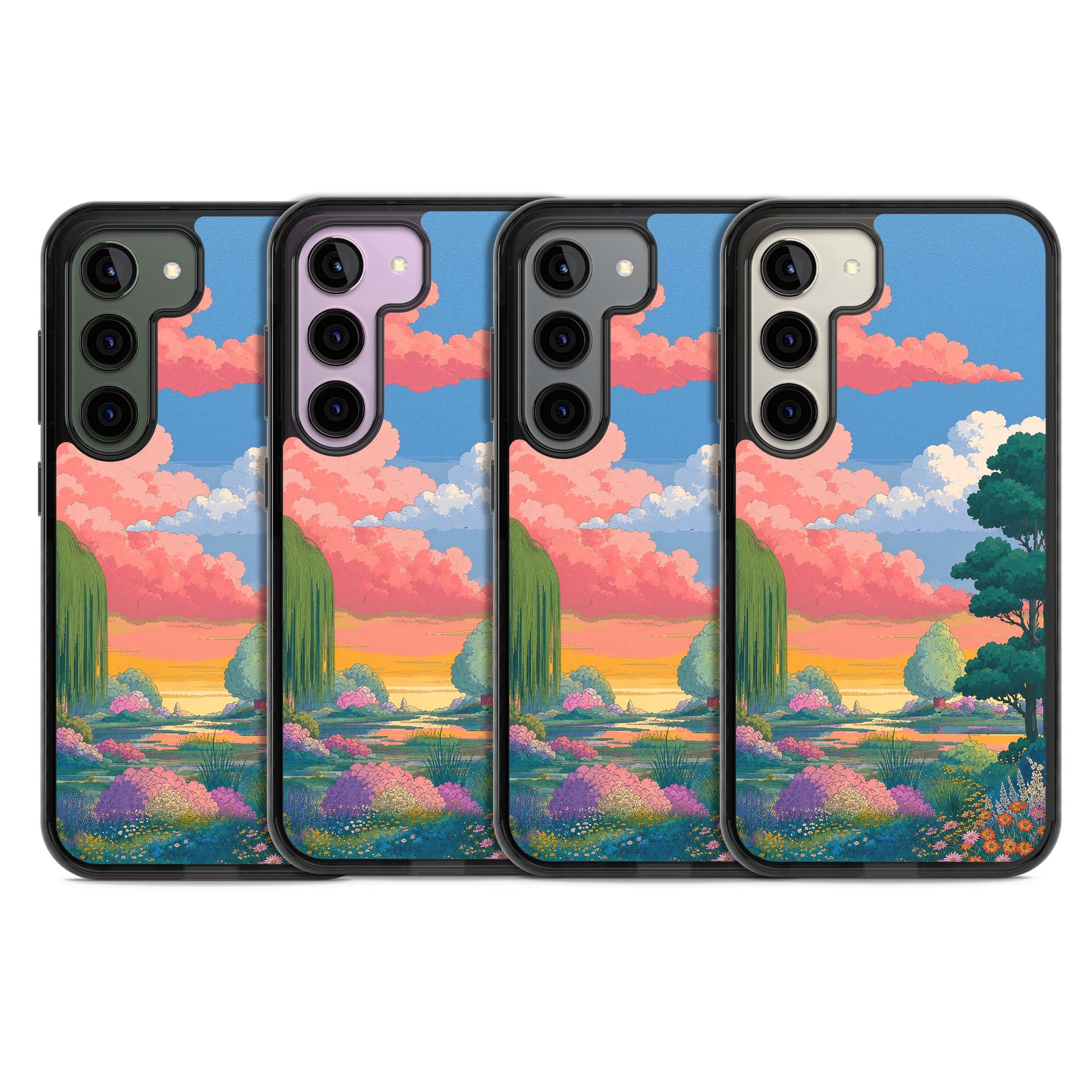Dream Valley anime landscape iPhone case featuring pink sunset clouds, willow trees and wildflowers | Black Impact case for Samsung Galaxy S24, Samsung Galaxy S23, Samsung Galaxy S22