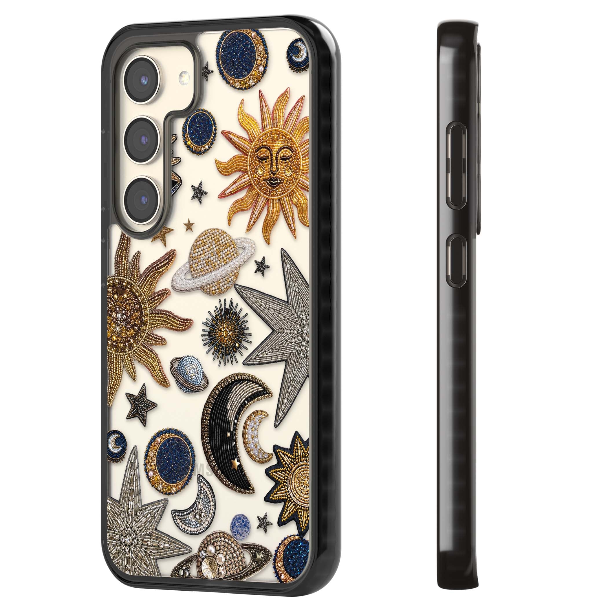 Beaded Cosmos celestial iPhone case featuring embroidered golden suns, beaded planets and silver shooting stars | Black Impact case for Samsung Galaxy S24, Samsung Galaxy S23, Samsung Galaxy S22