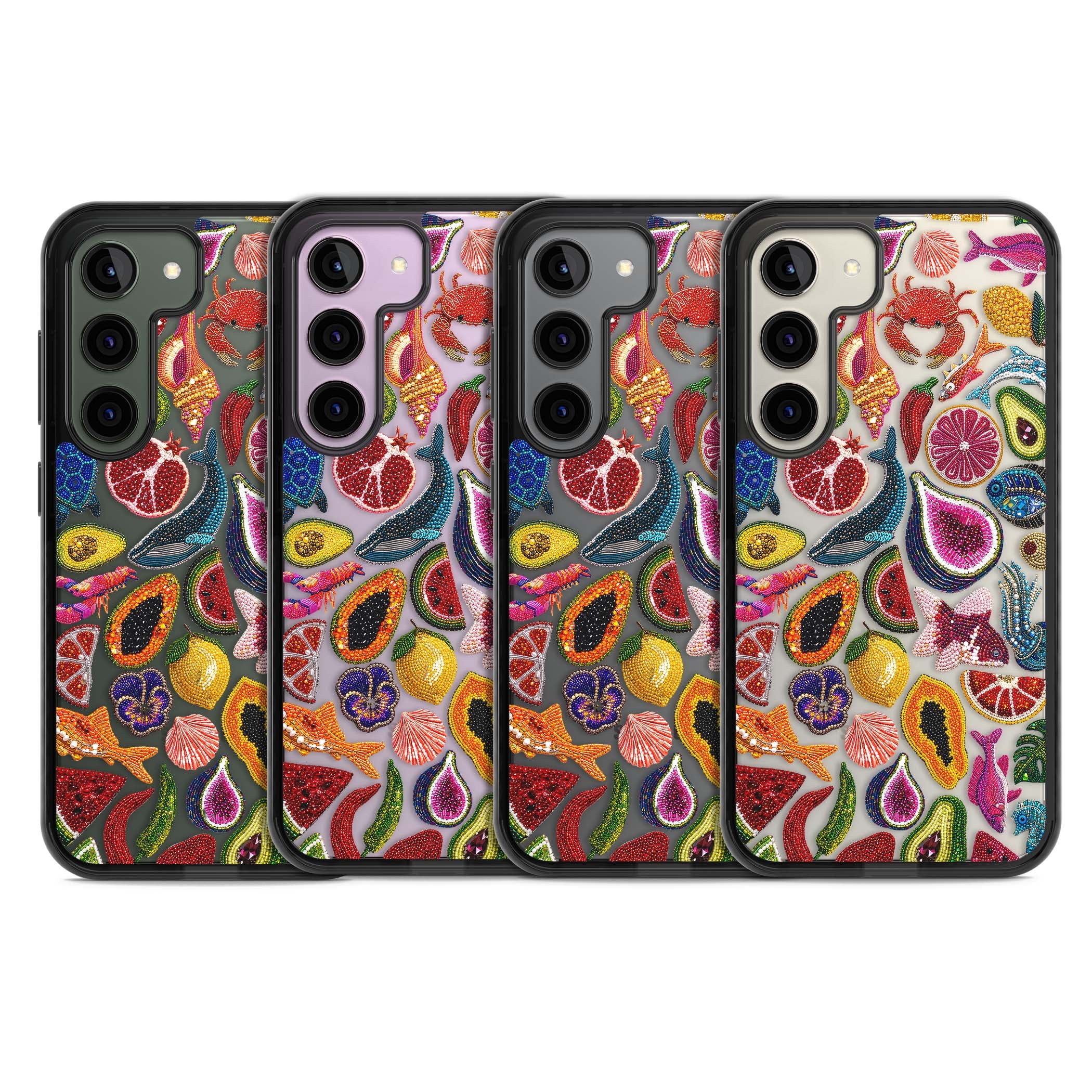 Beaded Tropic tropical iPhone case featuring beaded fruit, fish, crabs and seashells in vibrant colour | Black Impact case for Samsung Galaxy S24, Samsung Galaxy S23, Samsung Galaxy S22