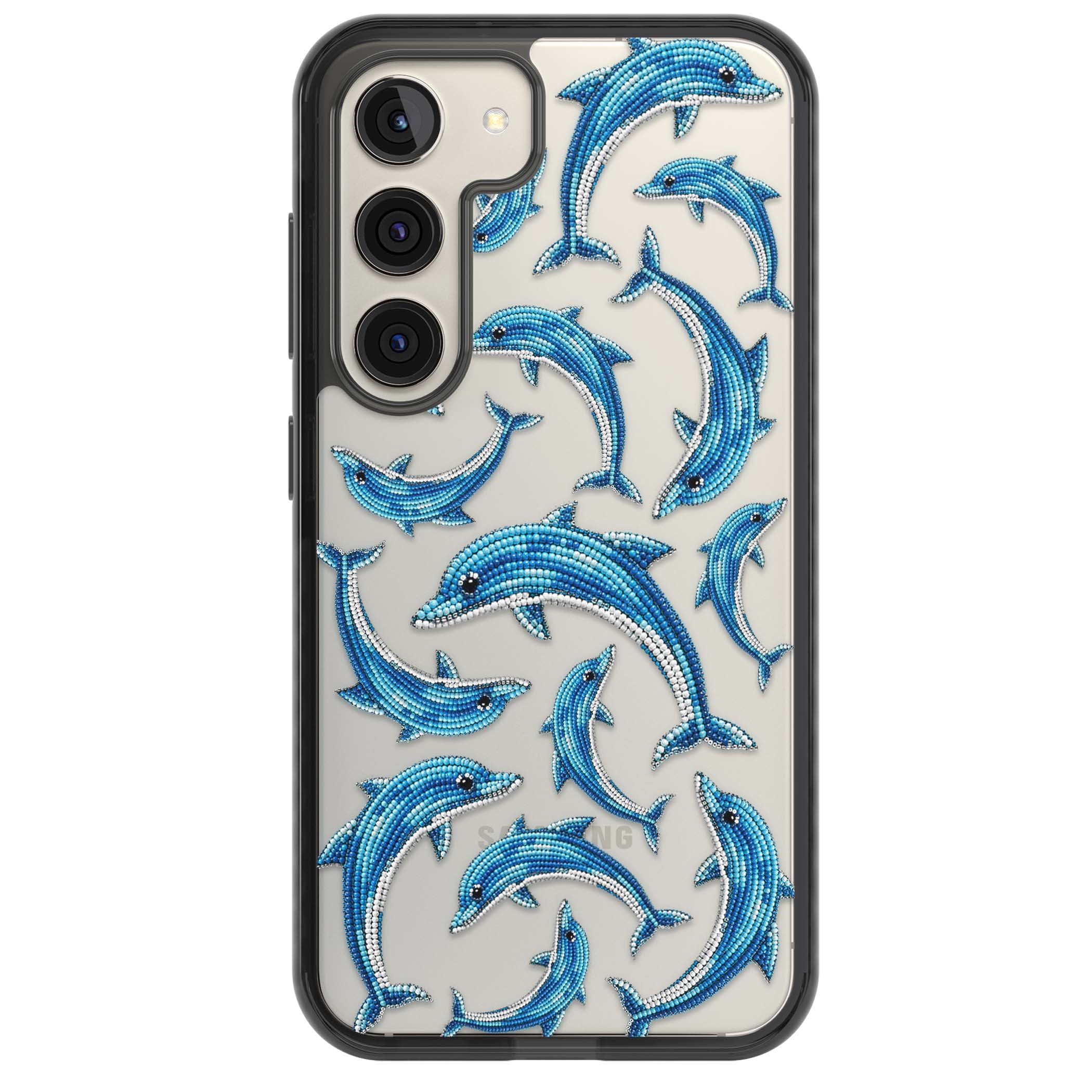 Beaded Dolphins coastal iPhone case featuring beaded dolphins in blue and white swimming across a clear background | Black Impact case for Samsung Galaxy S24, Samsung Galaxy S23, Samsung Galaxy S22