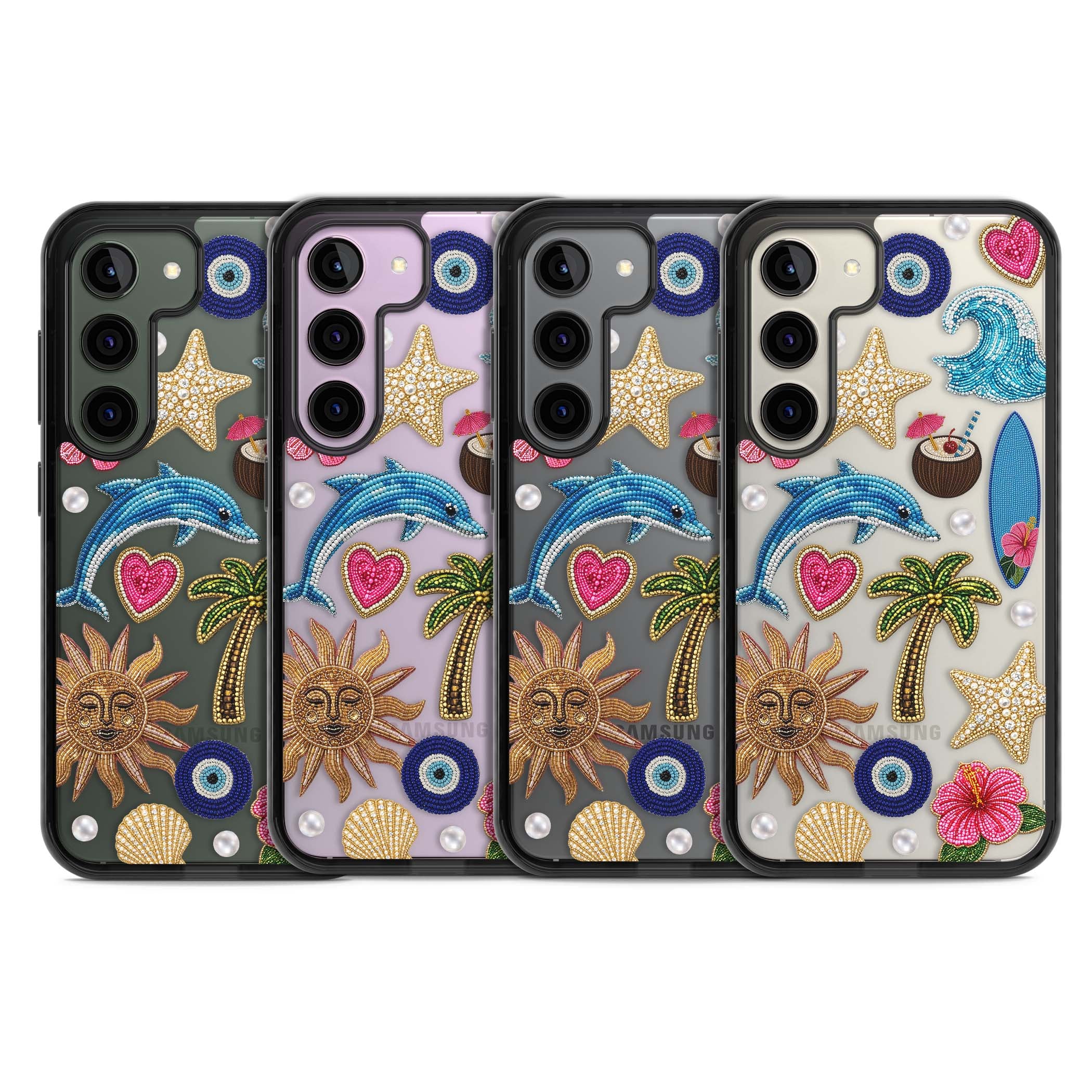 Beaded Beach coastal summer iPhone case featuring embroidered evil eye, hibiscus flowers, dolphin and palm tree patches | Black Impact case for Samsung Galaxy S24, Samsung Galaxy S23, Samsung Galaxy S22